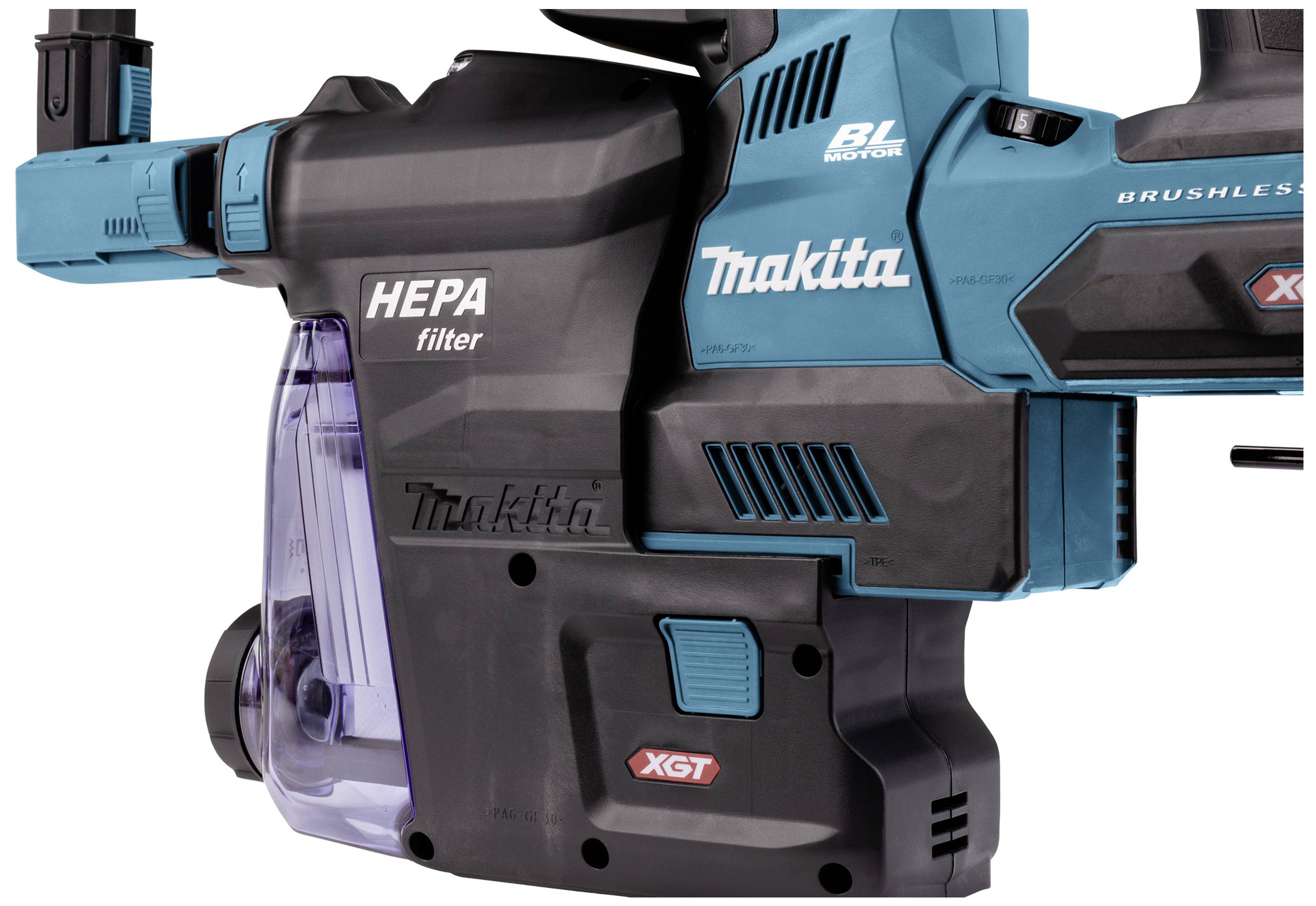 Bohrhammer mit HEPA-Filter von Makita; blaue, ergonomische Bauweise; verspricht effizientes Bohren und staubfreies Arbeiten.