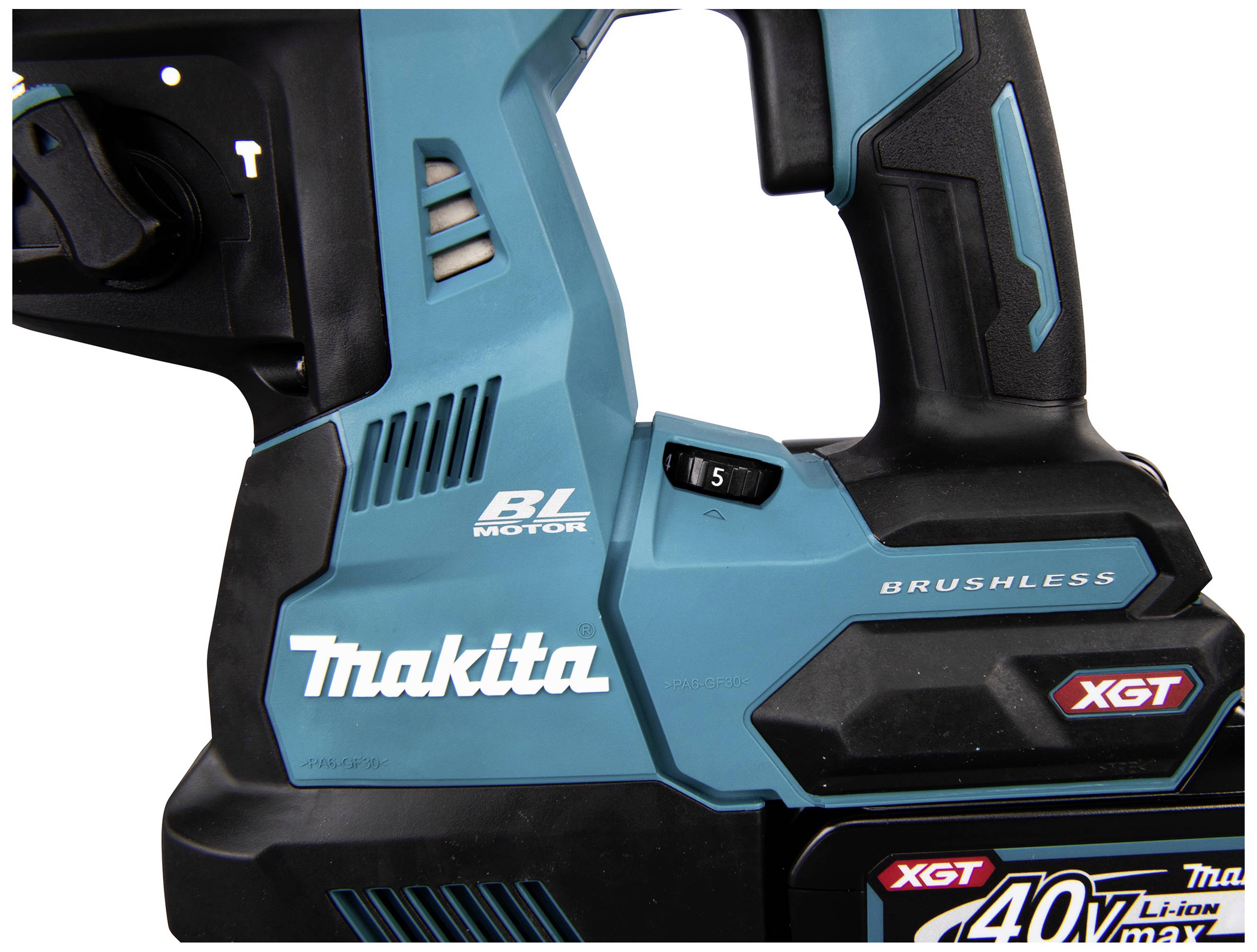 Ausschnitt einer Makita-Elektrowerkzeug-Griffansicht, das 'BL Motor' und 'Brushless' zeigt, mit dem Logo und Schalter an der Seite.