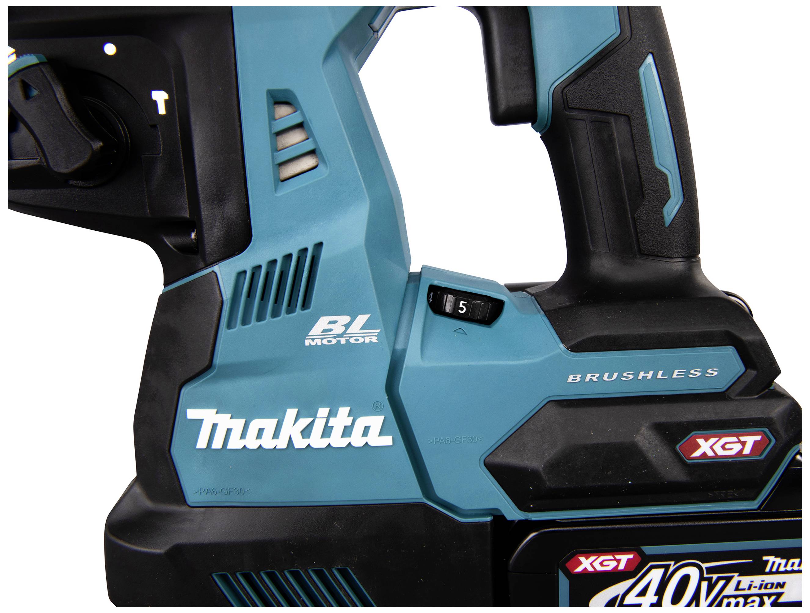 Ein Makita 40V XGT Akku-Handgerät mit bürstenlosem Motor, türkis-schwarz, logo an der Seite. Geeignet für leistungsstarke Arbeiten.