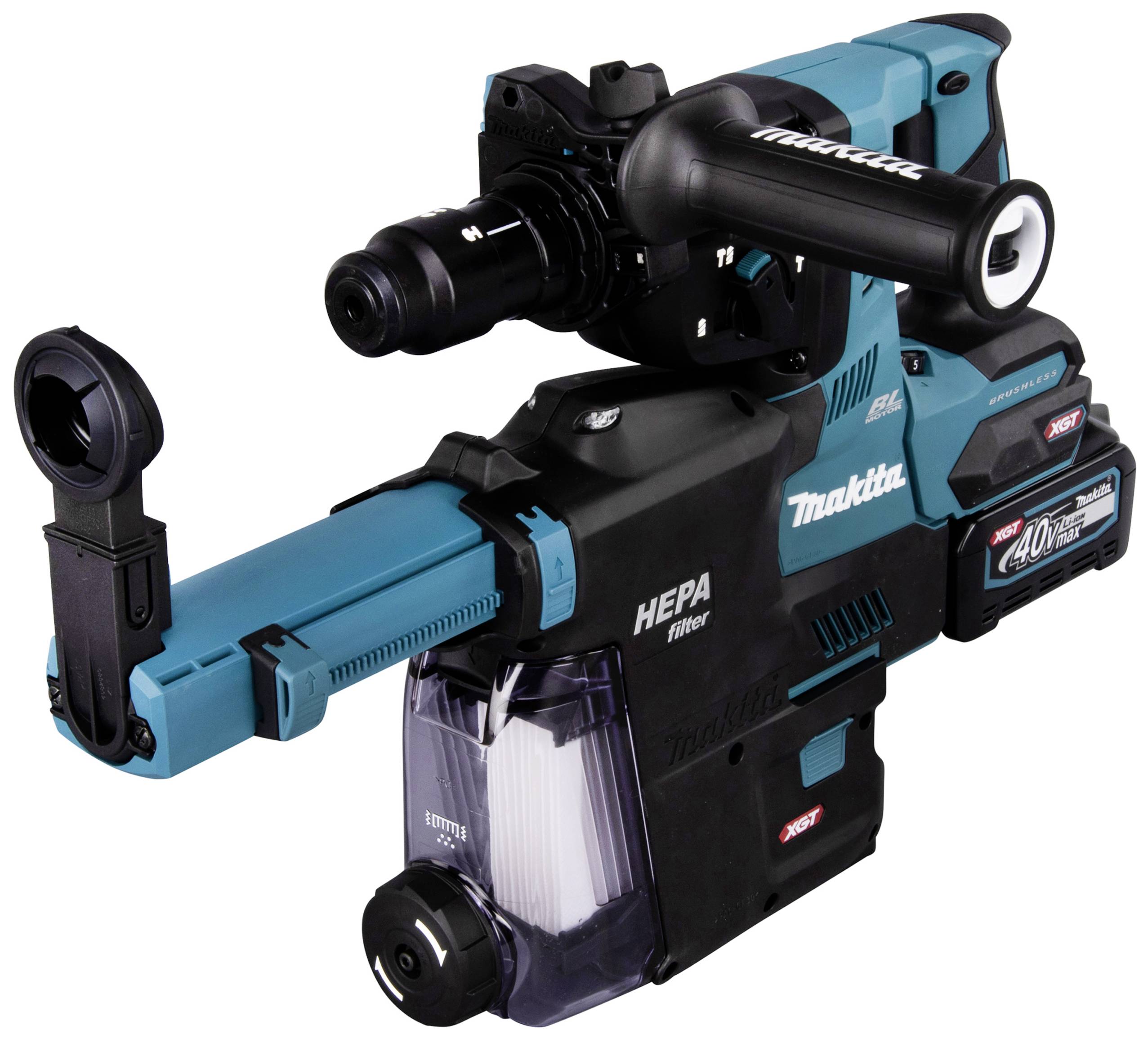 Ein kabelloser Bohrhammer mit Staubsaugeraufsatz und HEPA-Filter in blau-schwarzer Ausführung einer Elektrowerkzeugmarke.