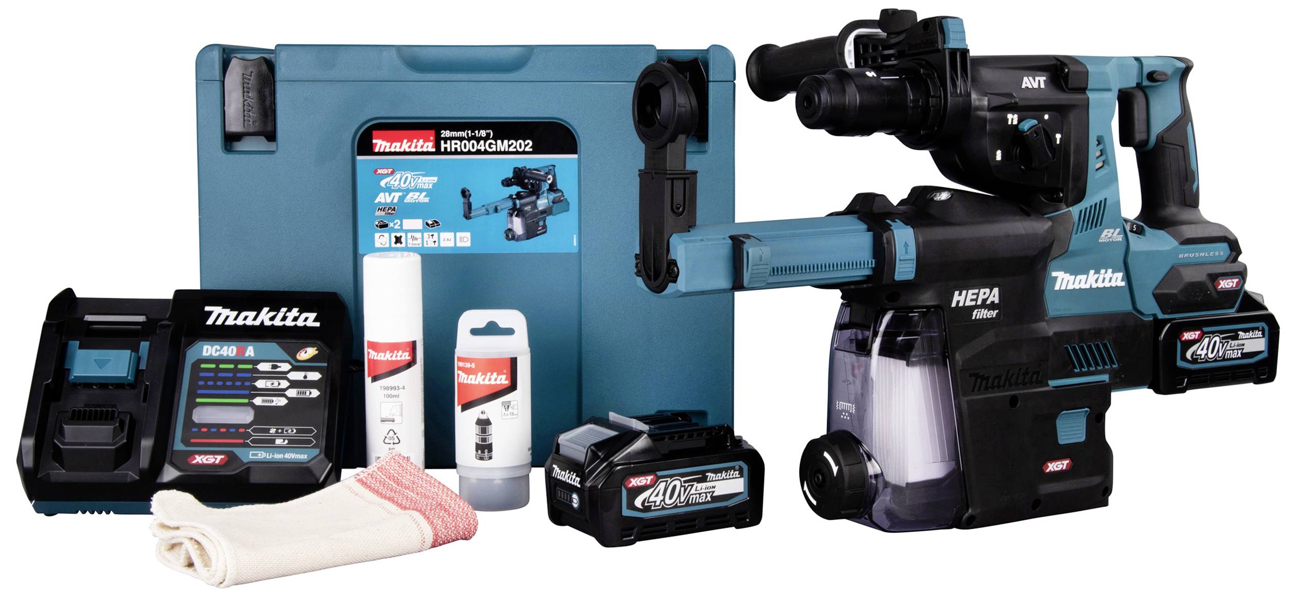 Akkubohrhammer-Set mit Werkzeugtasche, Ladegerät, zwei Batterien, Bohrer, Schmiermittel und Reinigungstuch.