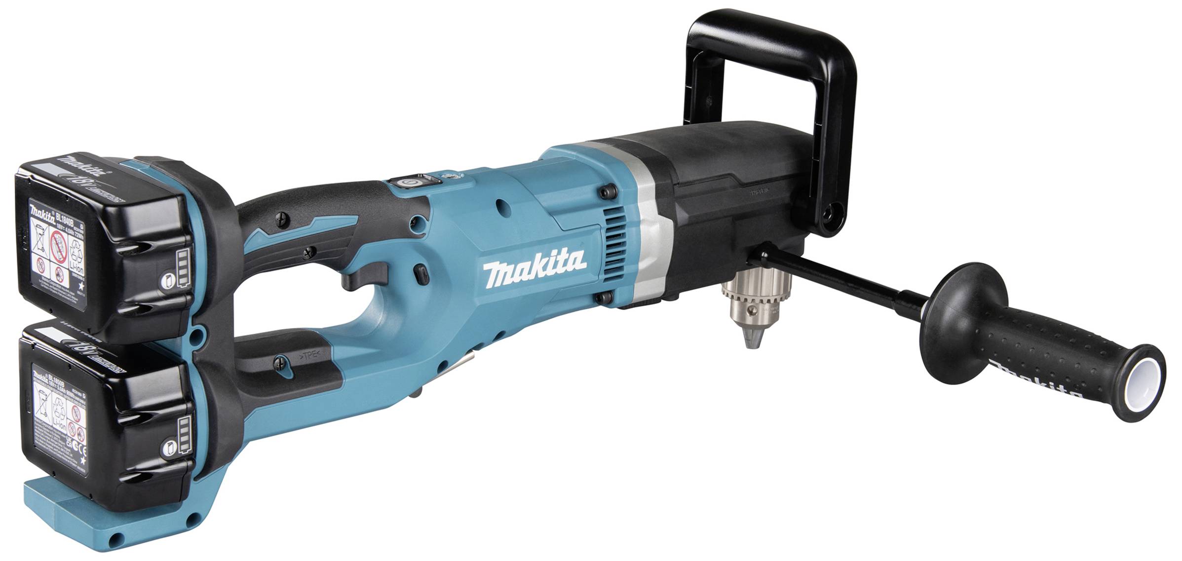 Ein blaue Handbohrer mit zwei aufgesetzten Akkus und seitlichem Haltegriff. Marke 'Makita', geeignet für starke Bohrarbeiten.