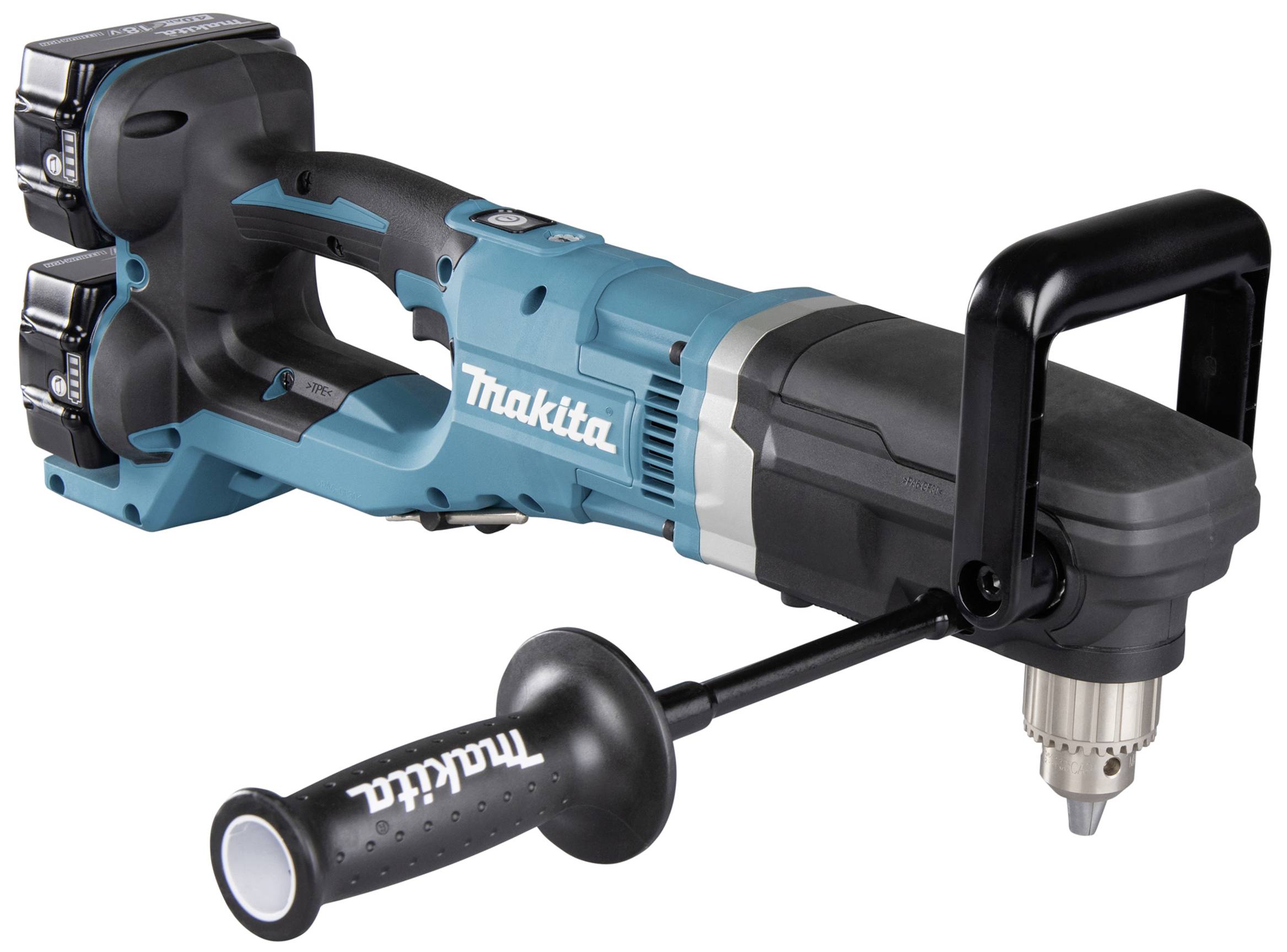 Ein blauer Makita-Winkelbohrschrauber mit zwei Akkupacks. Enthält einen seitlichen Griff für zusätzliche Stabilität.