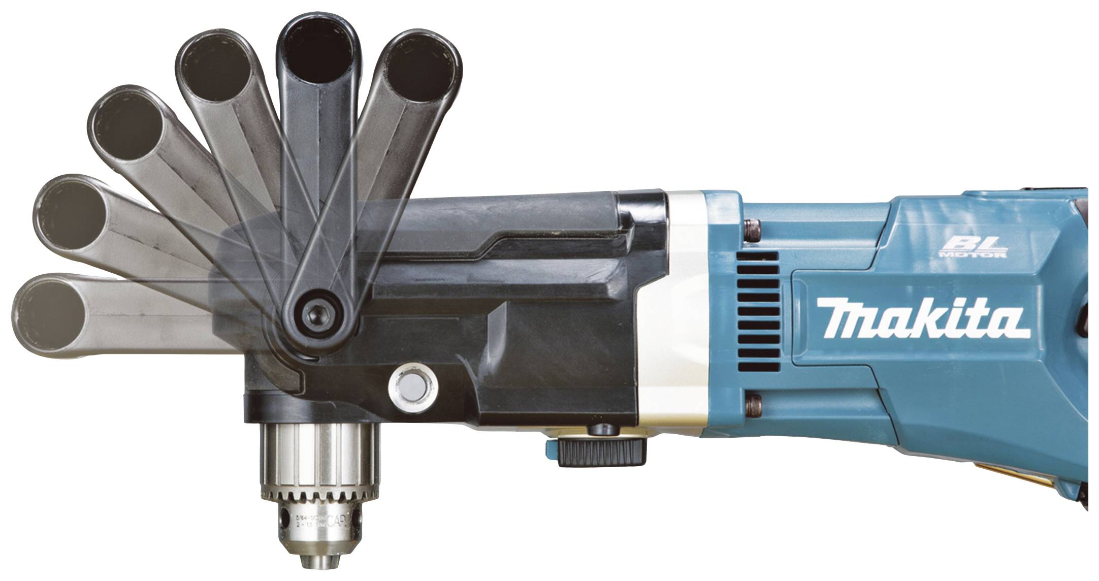 Eine blaue Makita-Bohrmaschine mit schwenkbarem Kopf. Der Kopf zeigt verschiedene Positionen für Flexibilität bei der Anwendung.