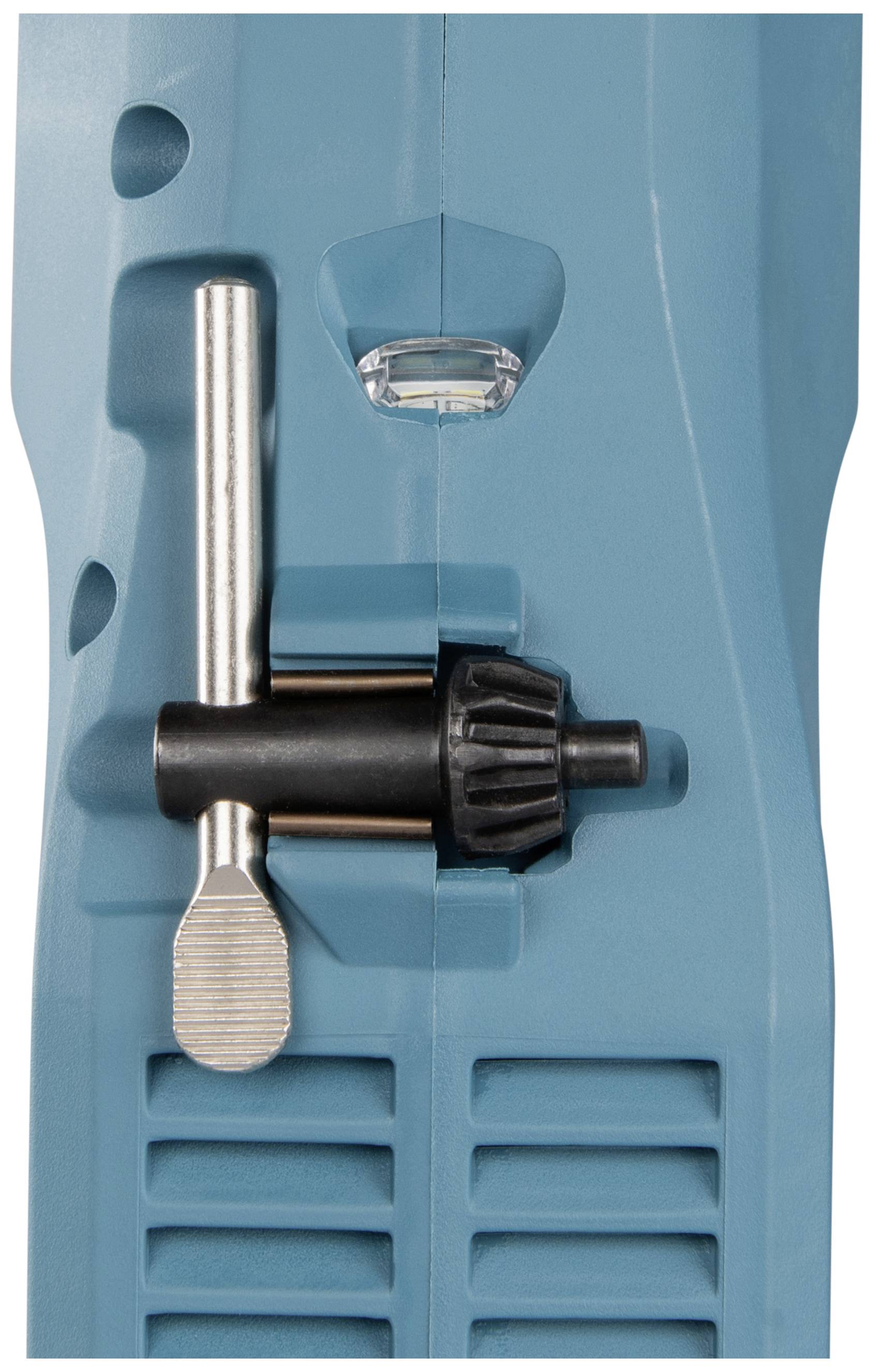 Ein handgehaltenes Elektrowerkzeug mit blauer Oberfläche, Metallhebel und schwarzem Griff zum Einstellen der Geräteeinstellungen.