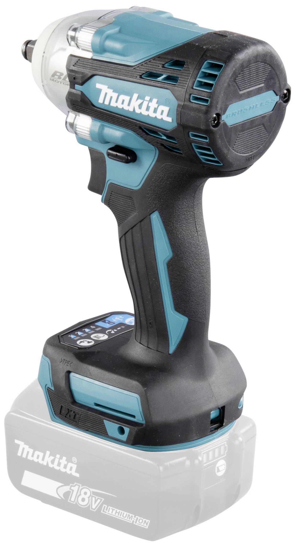 Akkuschlagschrauber in Blau und Schwarz mit 18V Lithium-Ionen-Akku, markiert mit 'Makita'.