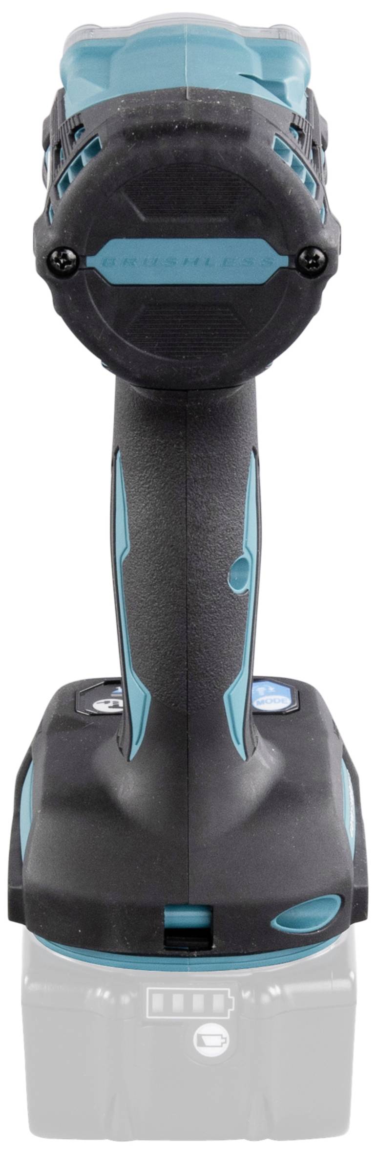 Akkuschrauber von hinten, schwarzes und blaues Design, ohne eingesetzten Akku.