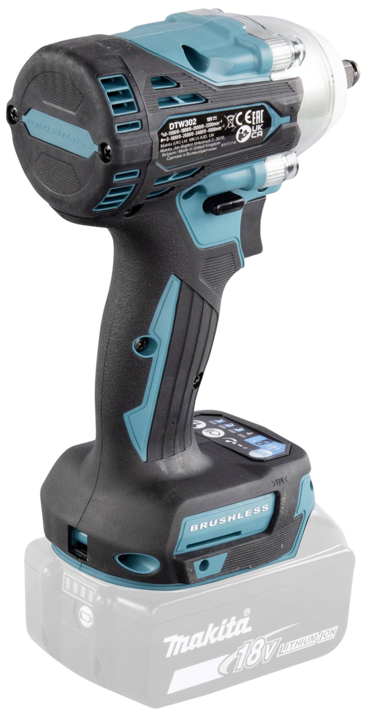 Ein kabelloser Schlagschrauber mit grauem Akku und blauen Akzenten.