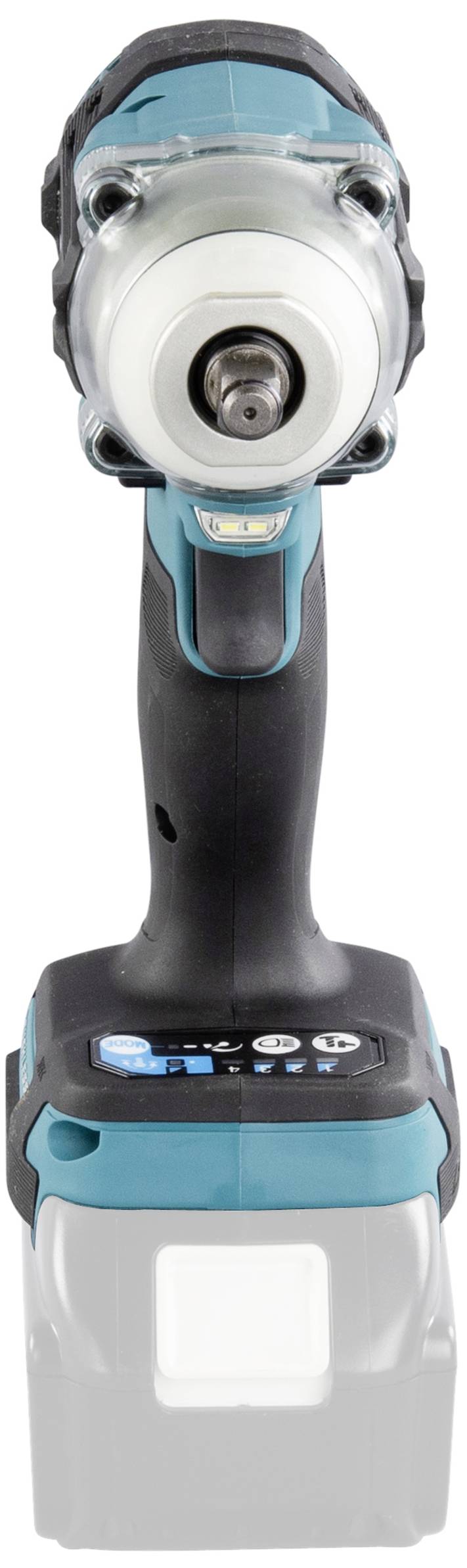 Akkuschlagschrauber in Frontalansicht, schwarz-türkises Gehäuse, ohne eingesetztem Akku, geeignet für Schraub- und Montagearbeiten.