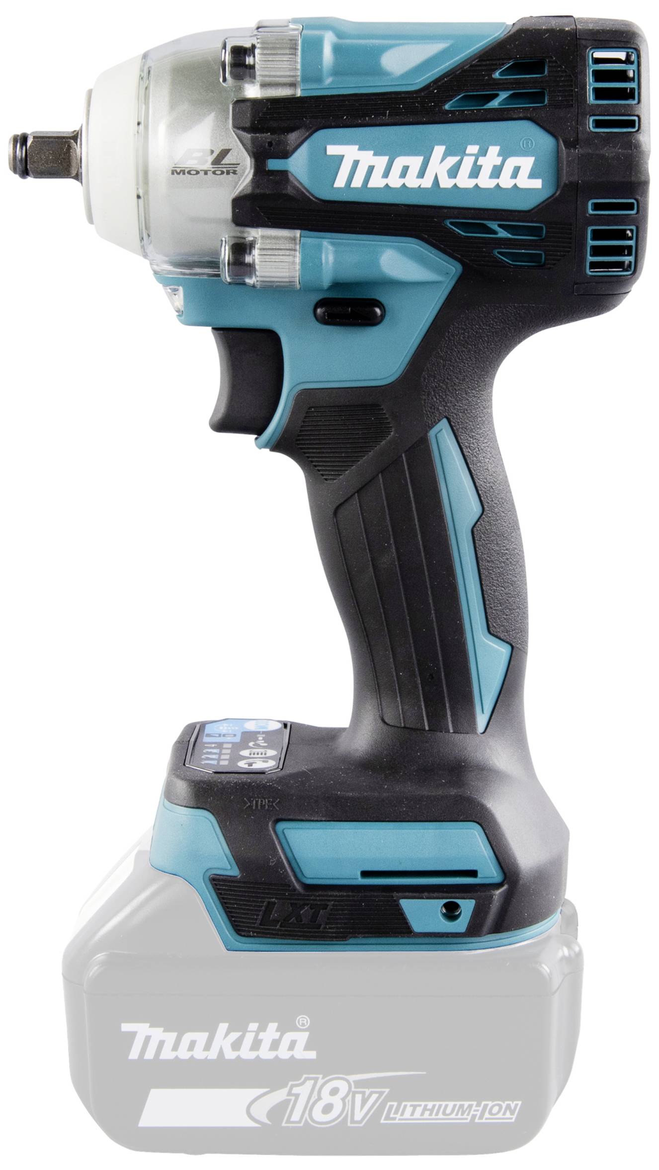 Akkuschlagschrauber in Schwarz und Blau mit ergonomischem Griff und integriertem LED-Licht. Modell mit 18V Lithium-Ionen-Akku.