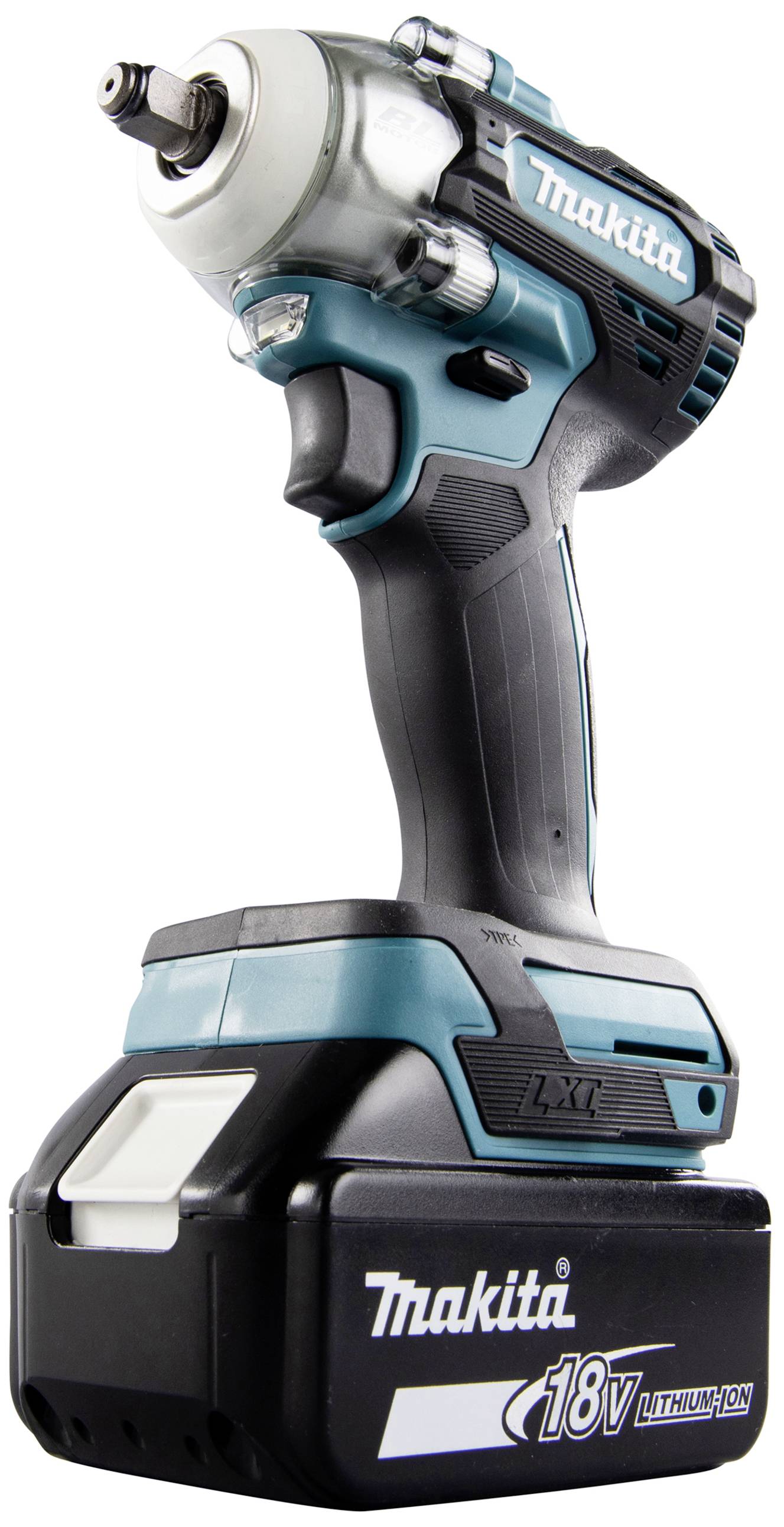 Ein blau-schwarzer Makita Akku-Schlagschrauber mit 18V Lithium-Ionen-Akku, geeignet für Bau- und Montagearbeiten.