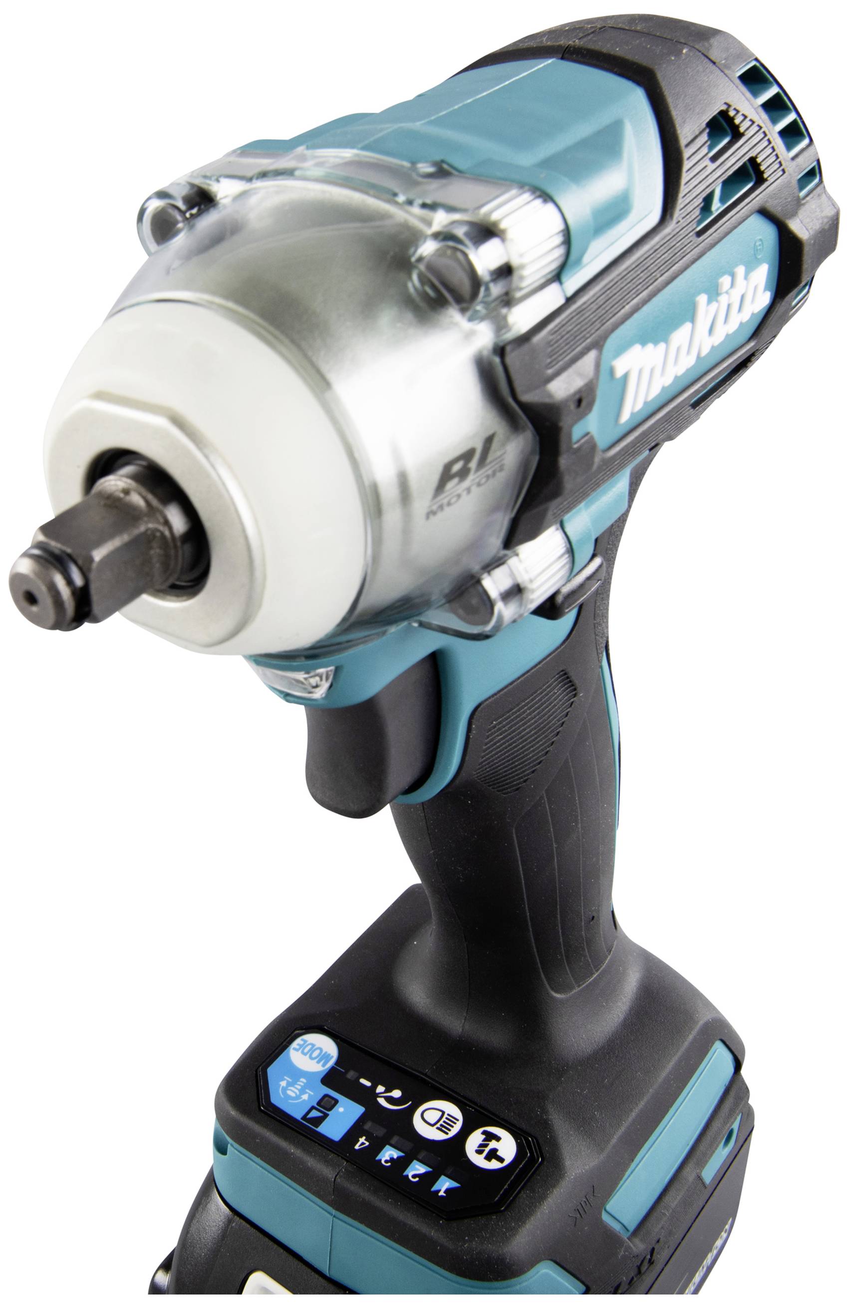 Ein Akkuschlagschrauber in Blau-Schwarz von Makita, vorne sichtbar der Schraubkopf und das Markenlogo an der Seite.