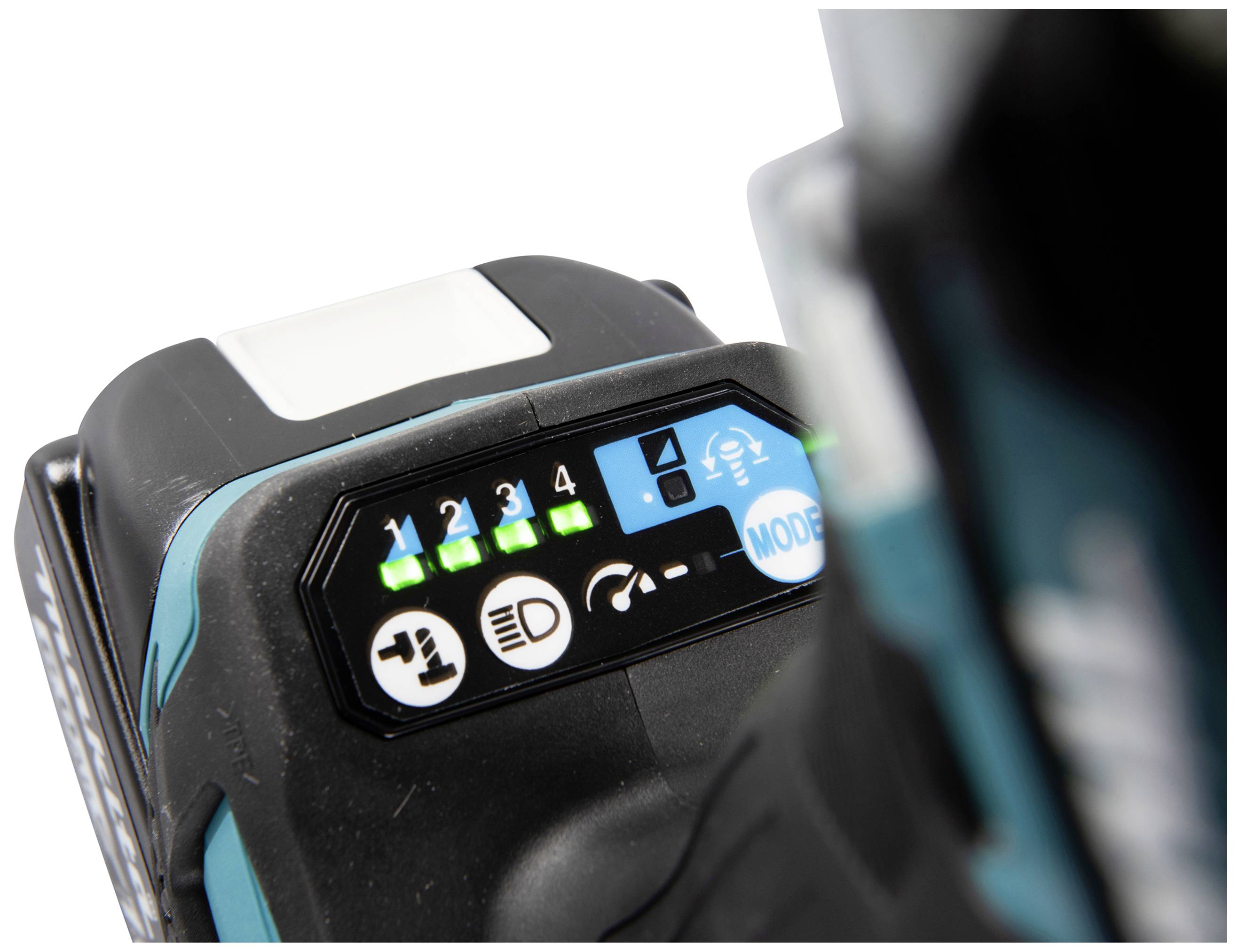 Ein Elektrowerkzeug-Akku mit fünf leuchtenden LED-Anzeigen, die den Ladestatus von eins bis vier und den Aktivierungsmodus anzeigen.