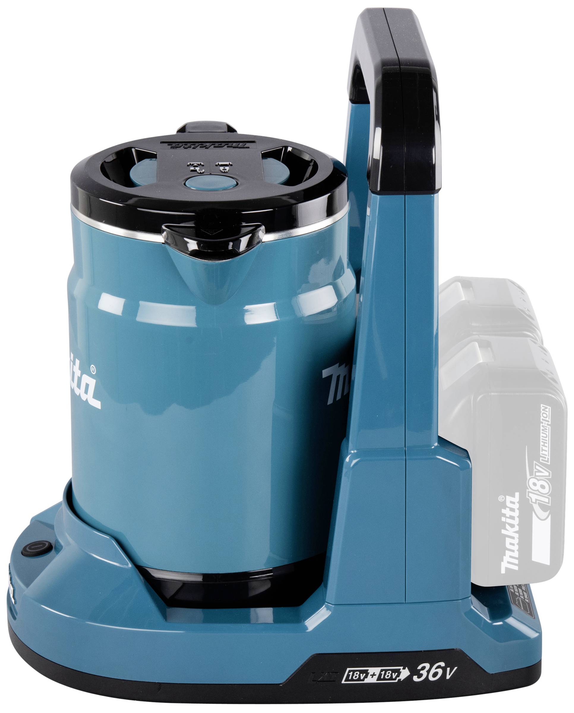 Ein blauer, kabelloser Makita-Staubsauger mit Zwei-Akku-Betrieb steht aufrecht. Sichtbar sind die Markenlogos und technische Details.