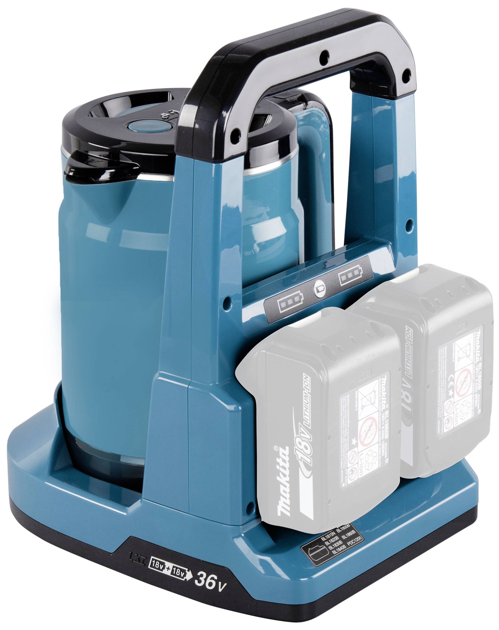 Tragbarer elektrischer Wasserkocher mit zwei 18V Akkus, geeignet für Baustellen oder Orte ohne Stromanschluss.