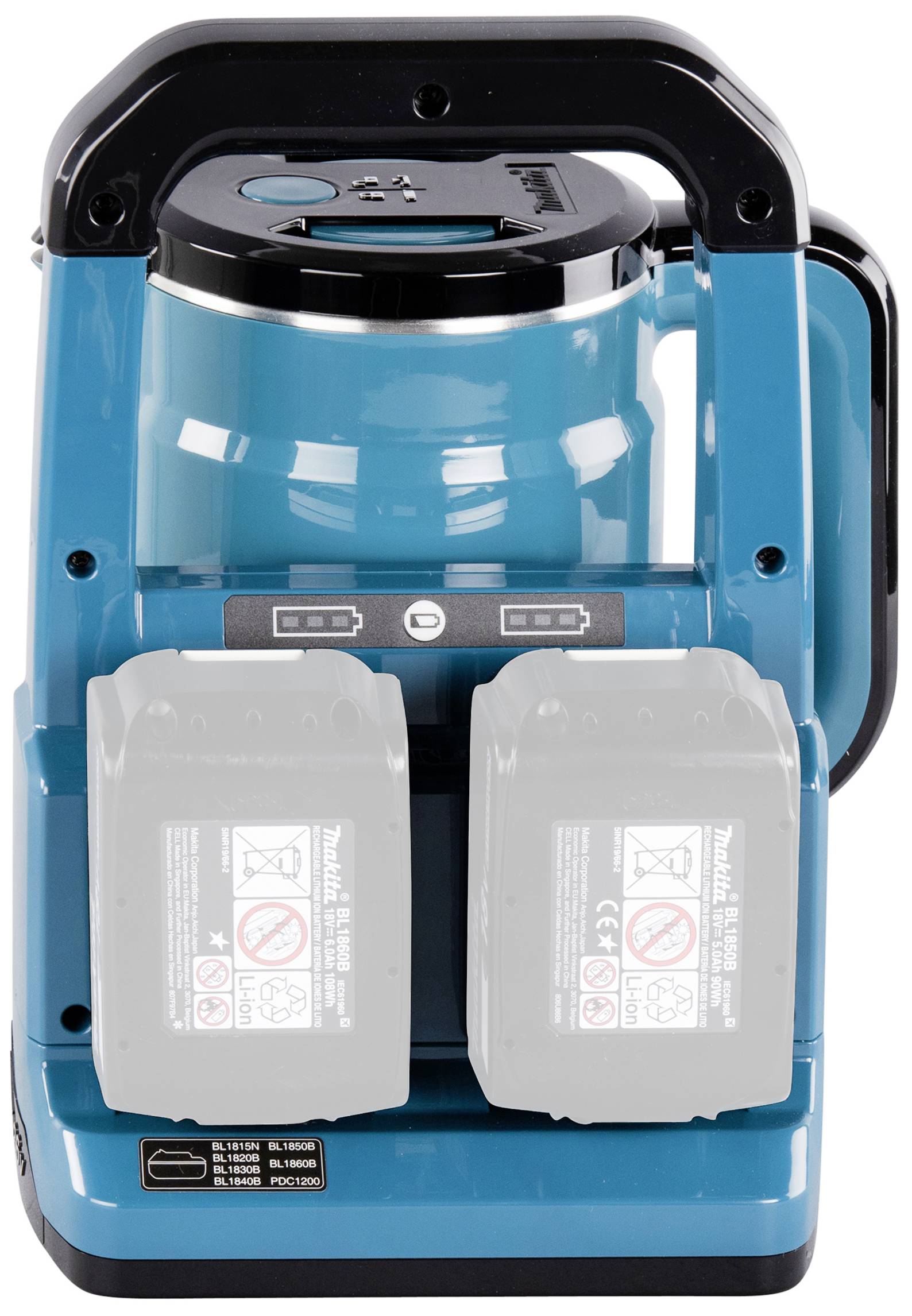 Blauer elektrischer Wasserkocher mit zwei grauen abnehmbaren Batterien an der Vorderseite und einem Griff oben zum Tragen.