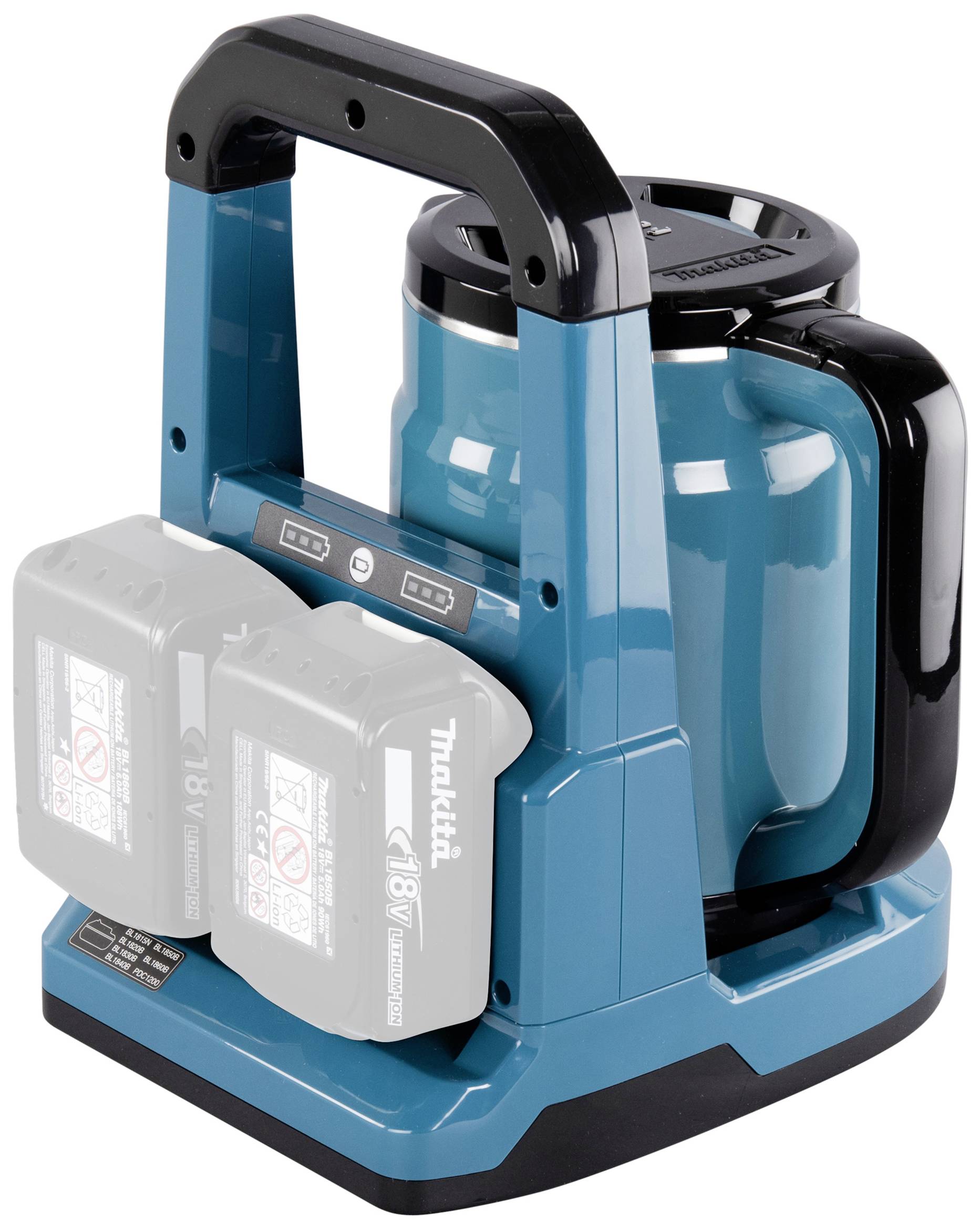 Ein blauer Makita-Kaffeezubereiter mit zwei eingesetzten 18V-Batterien, ideal für mobilen Einsatz.