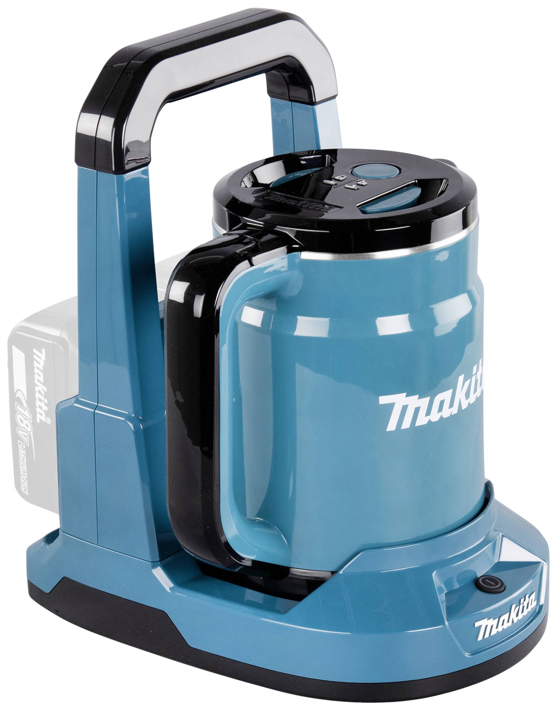 Ein blauer, tragbarer Wasserkocher mit schwarzem Griff und 18V-Akku, geeignet für unterwegs oder Outdoor-Aktivitäten.