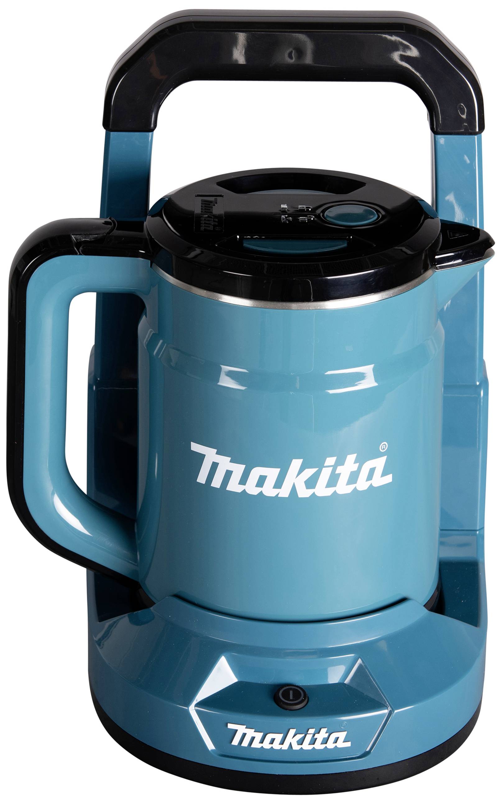 Ein blauer Wasserkocher mit einem schwarzen Griff und dem weißen Logo 'Makita' darauf.