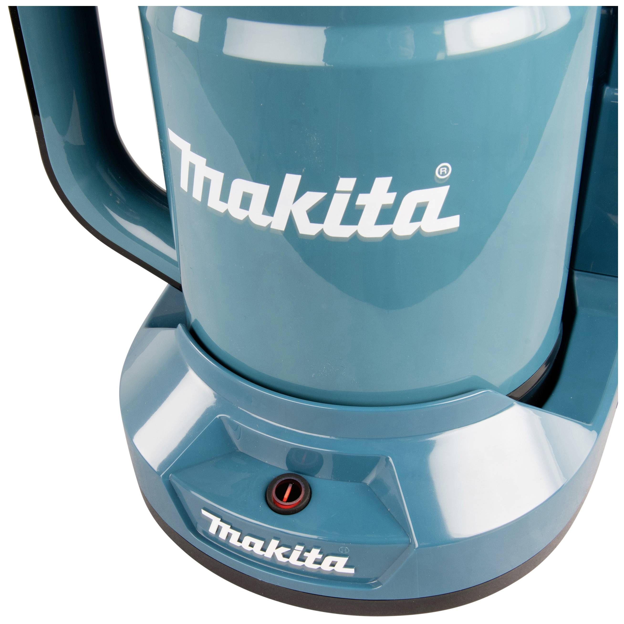 Tealfarbene Makita-Kaffeemaschine mit prominenter Markierung, zeigt die Vorderseite und den Griff.