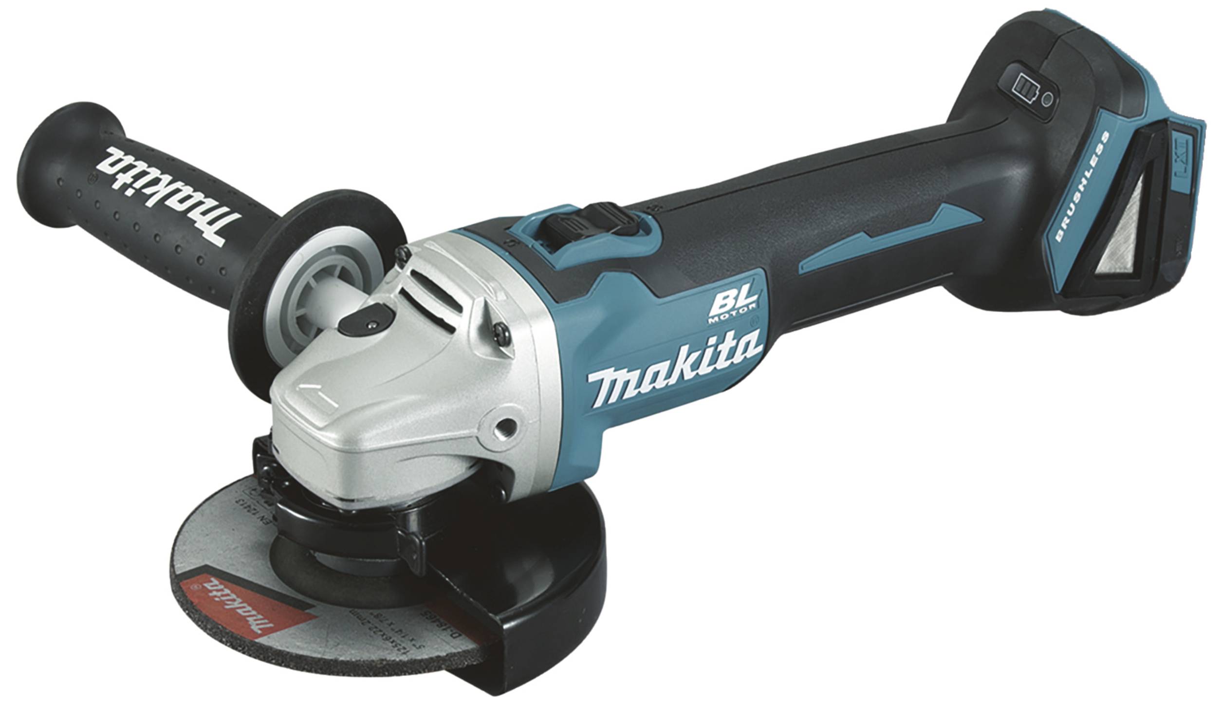 Kabelloser Winkelschleifer in Türkis und Schwarz, mit seitlichem Griff und Batterieeinheit, Marke 'Makita'.