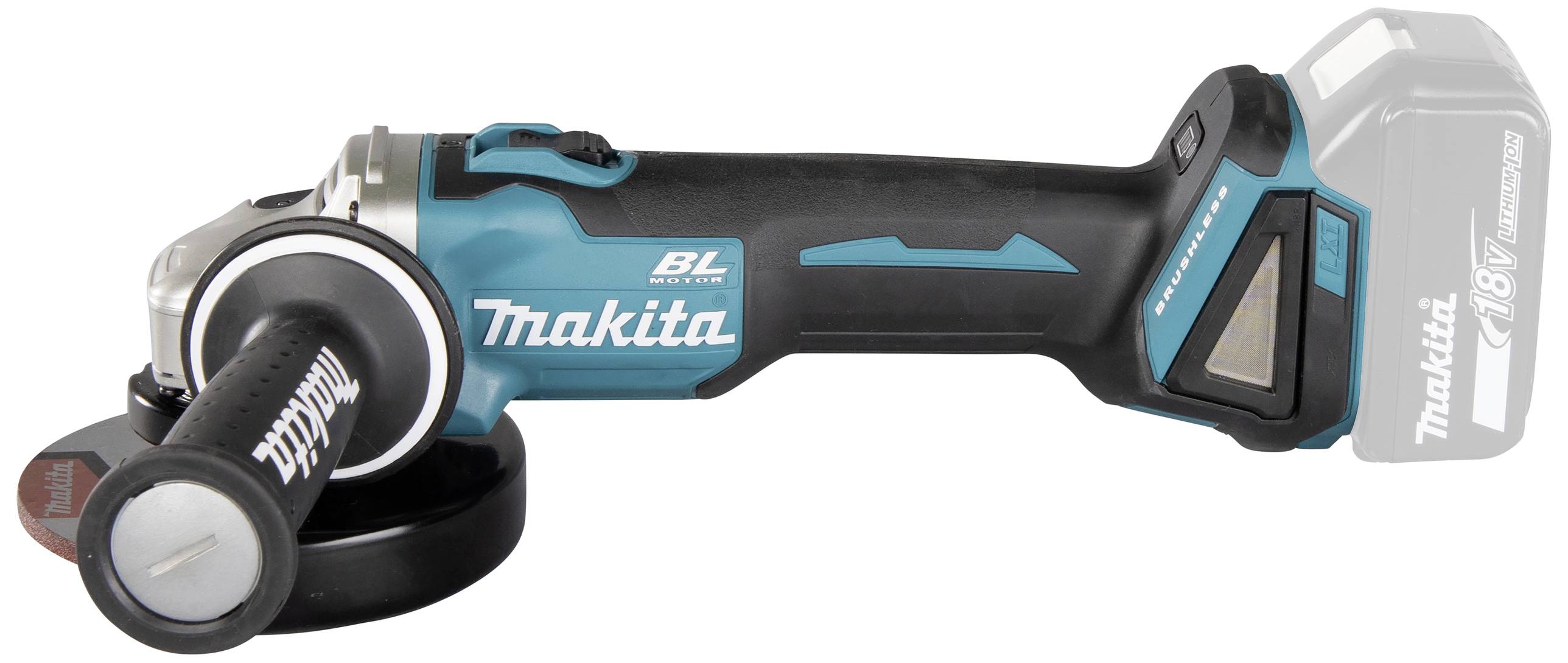 Akku-Winkelschleifer mit blau-schwarzem Gehäuse von Makita, seitlich liegender Griff und sichtbarem Batterieschacht.