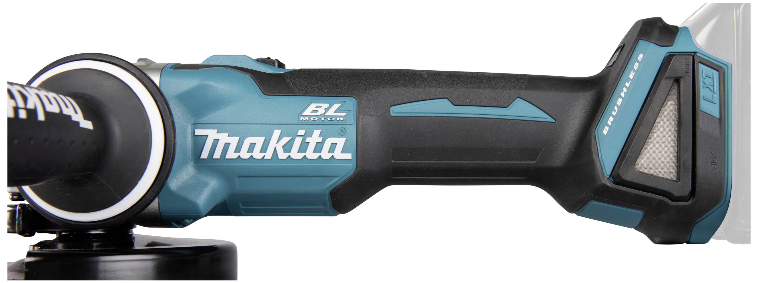 Ein blauer, kabelloser Winkelschleifer mit der Aufschrift 'Makita', ergonomischem Griff und bürstenlosem Motor.