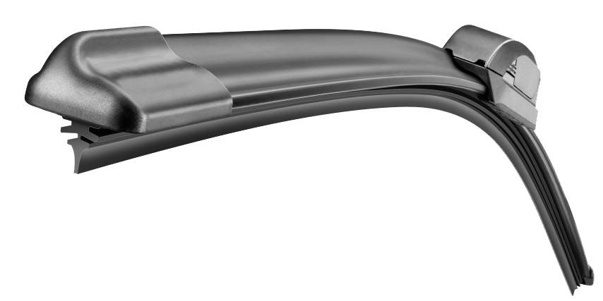 Ein moderner, schwarzer Scheibenwischer mit aerodynamischem Design, das für verbesserte Leistung und Sicht bei Regenwetter sorgt.