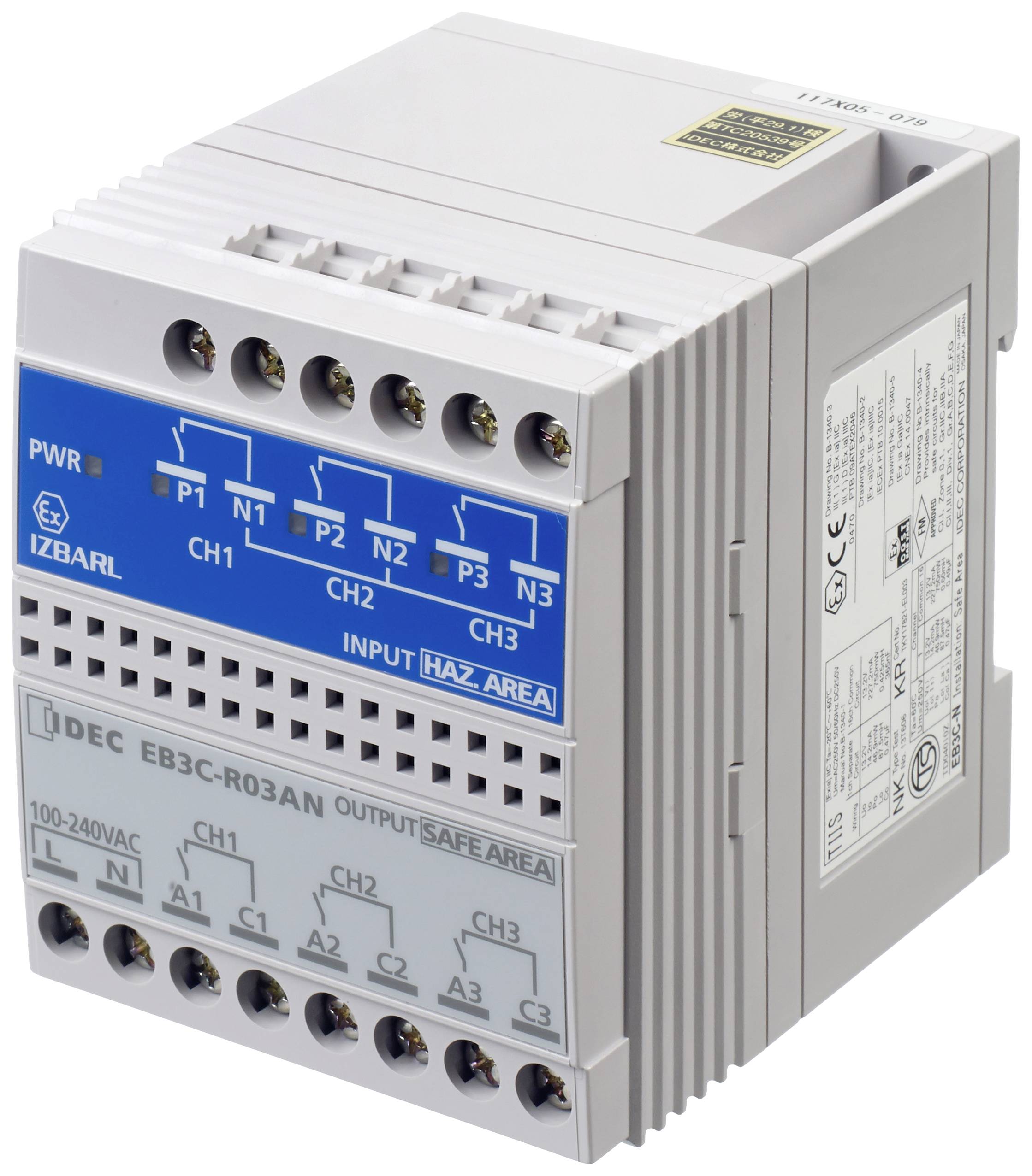 Elektronisches Gerät mit mehreren Anschlussklemmen und Beschriftungen: 'INPUT HAZ. AREA,' 'OUTPUT SAFE AREA.' Zeigt technische Details.