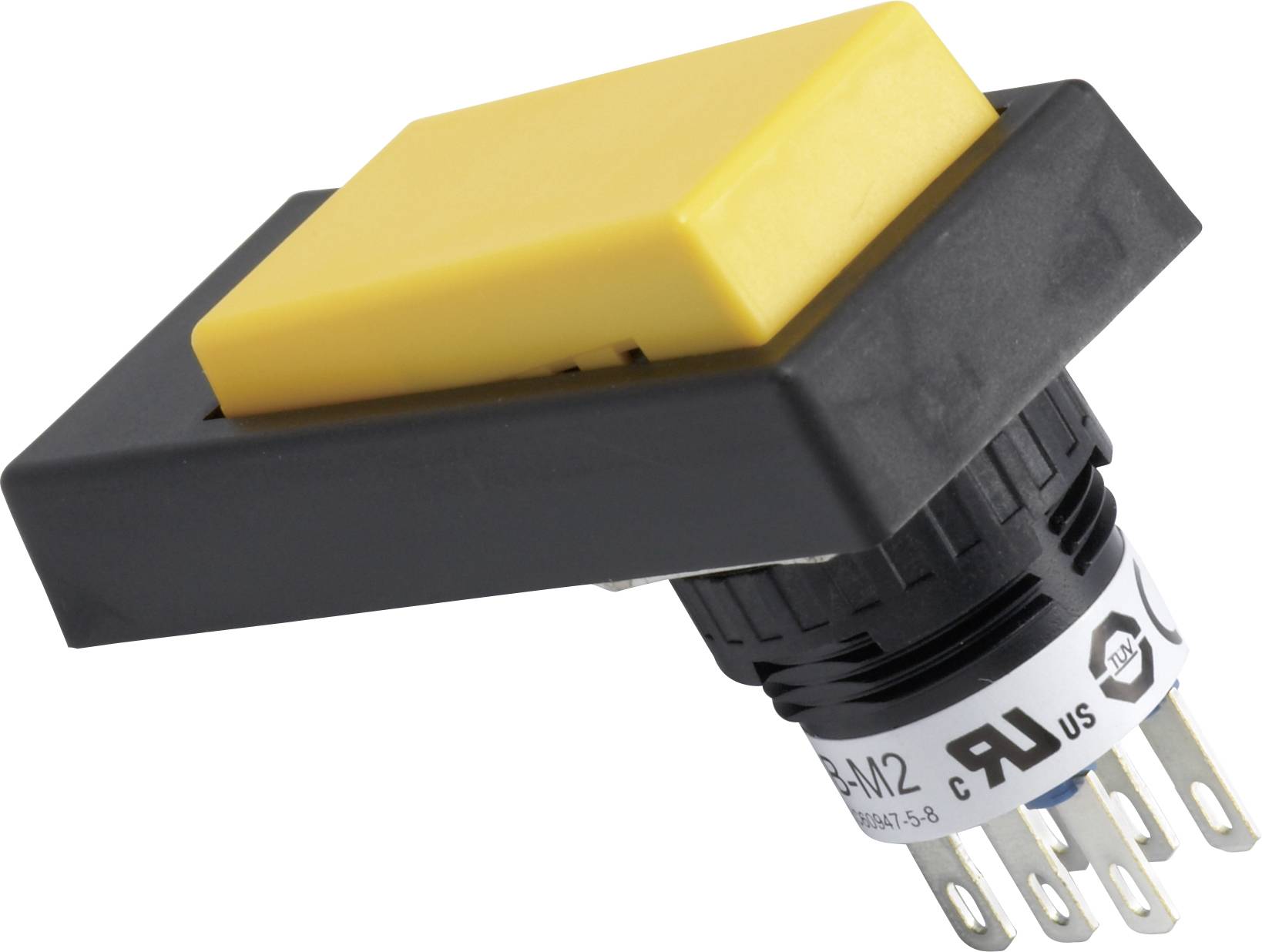 Großer gelber Druckknopf mit schwarzem Rahmen und Metallanschlüssen. Geeignet für elektronische Schaltungen oder Maschinensteuerungen.
