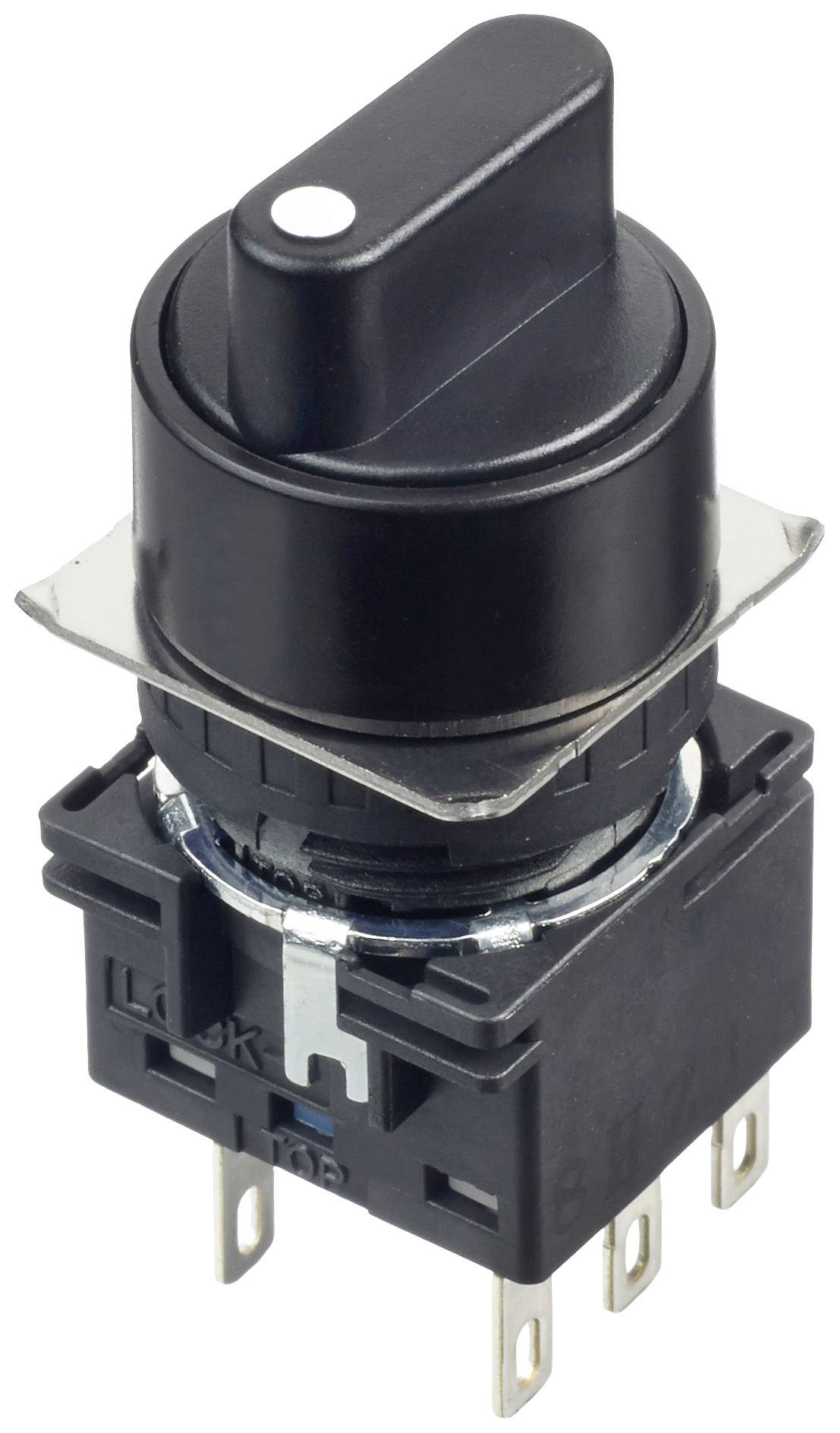Ein schwarzer Drehschalter mit mehreren Anschlusspins, geeignet für elektronische Geräte zur Steuerung von Funktionen.