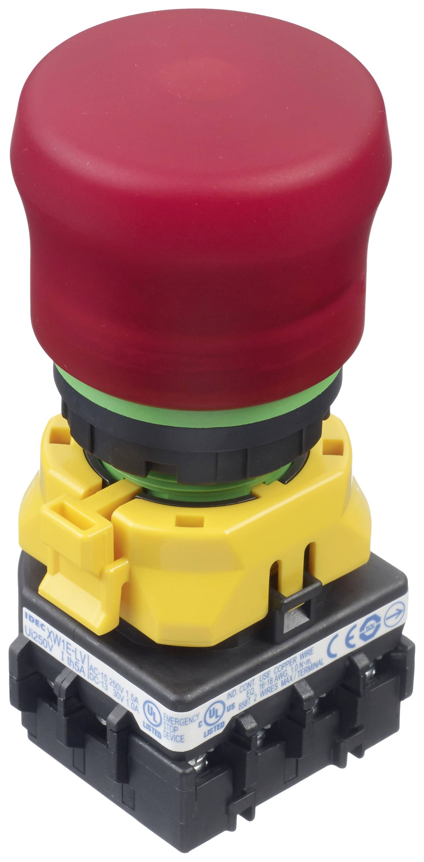 Großer roter Not-Aus-Schalter mit gelber Basis und schwarzen Anschlüssen, verwendet zur sofortigen Unterbrechung von Maschinenbetrieb.