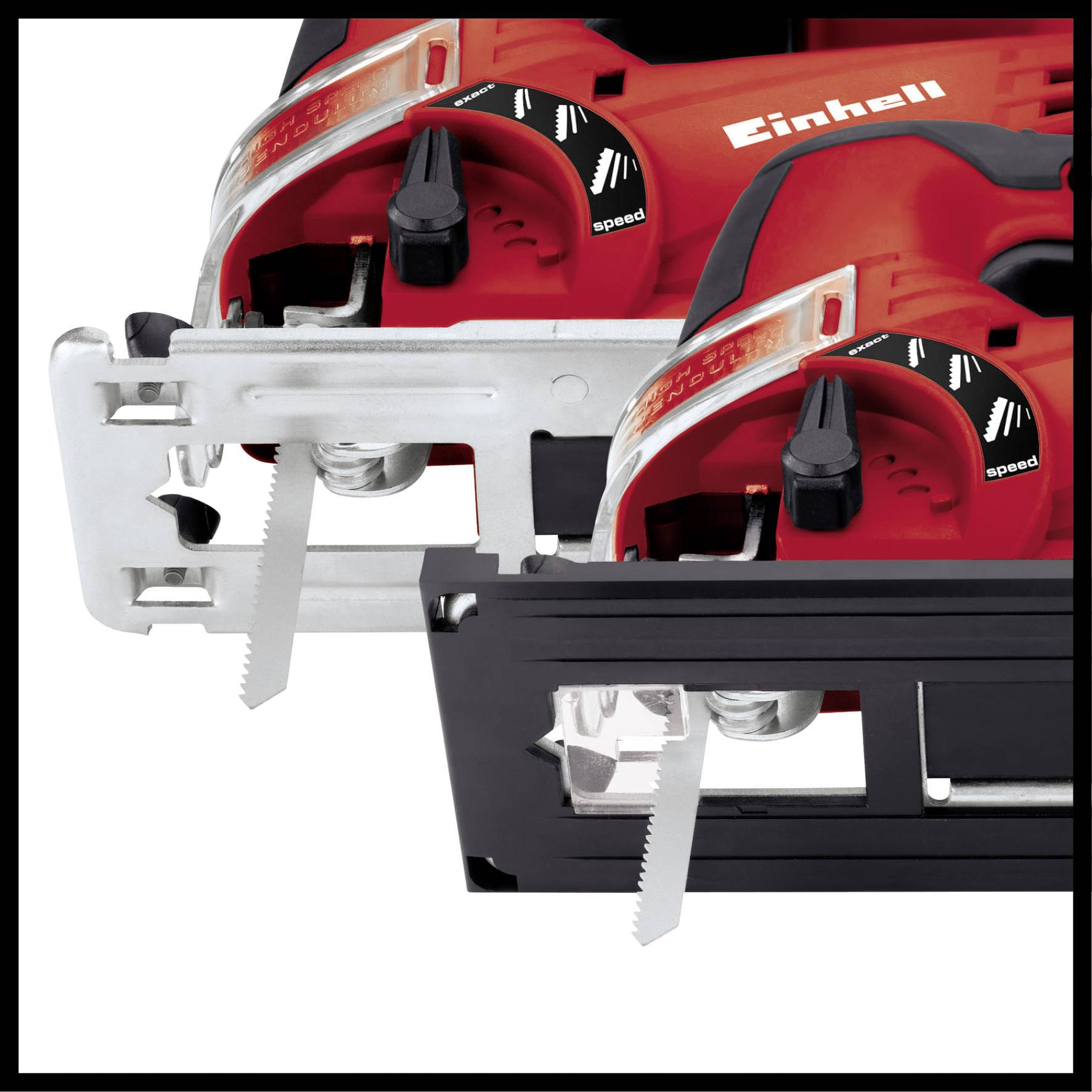 Einhell Stichsäge in Nahaufnahme mit Geschwindigkeitsregler und Sägeblättern.