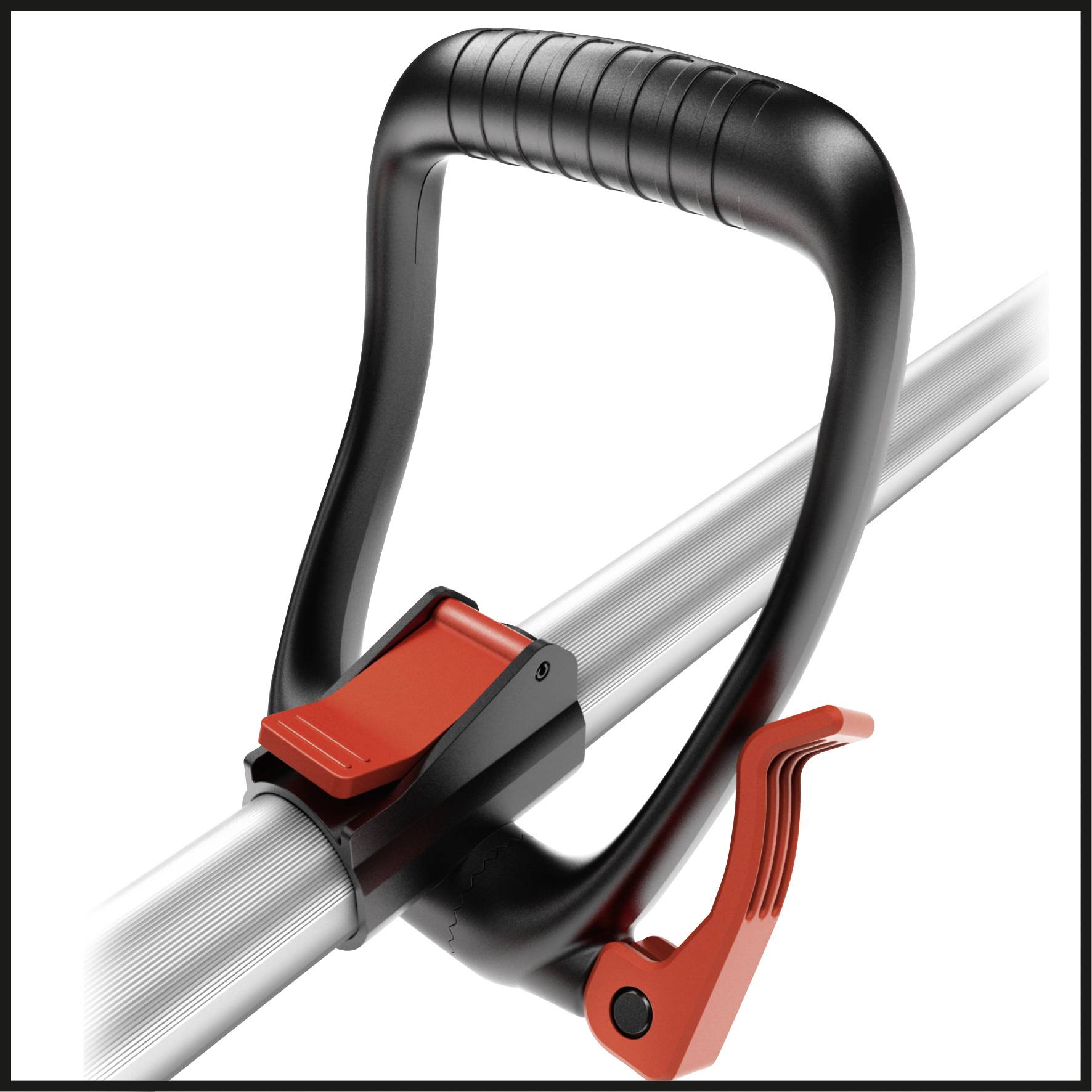 Tragegriff aus Metall und Kunststoff, ergonomisch geformt mit rotem Verschlussmechanismus, an einem silbernen Rohr befestigt.