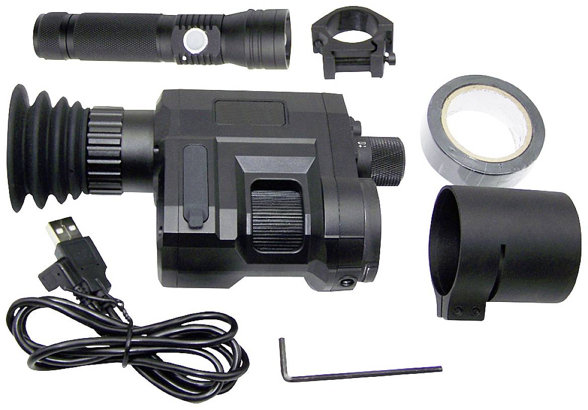 Ein Nachtsichtgerät mit Zubehör: eine Taschenlampe, ein Befestigungshalter, Isolierband, USB-Kabel, Linsenabdeckung und Inbusschlüssel.