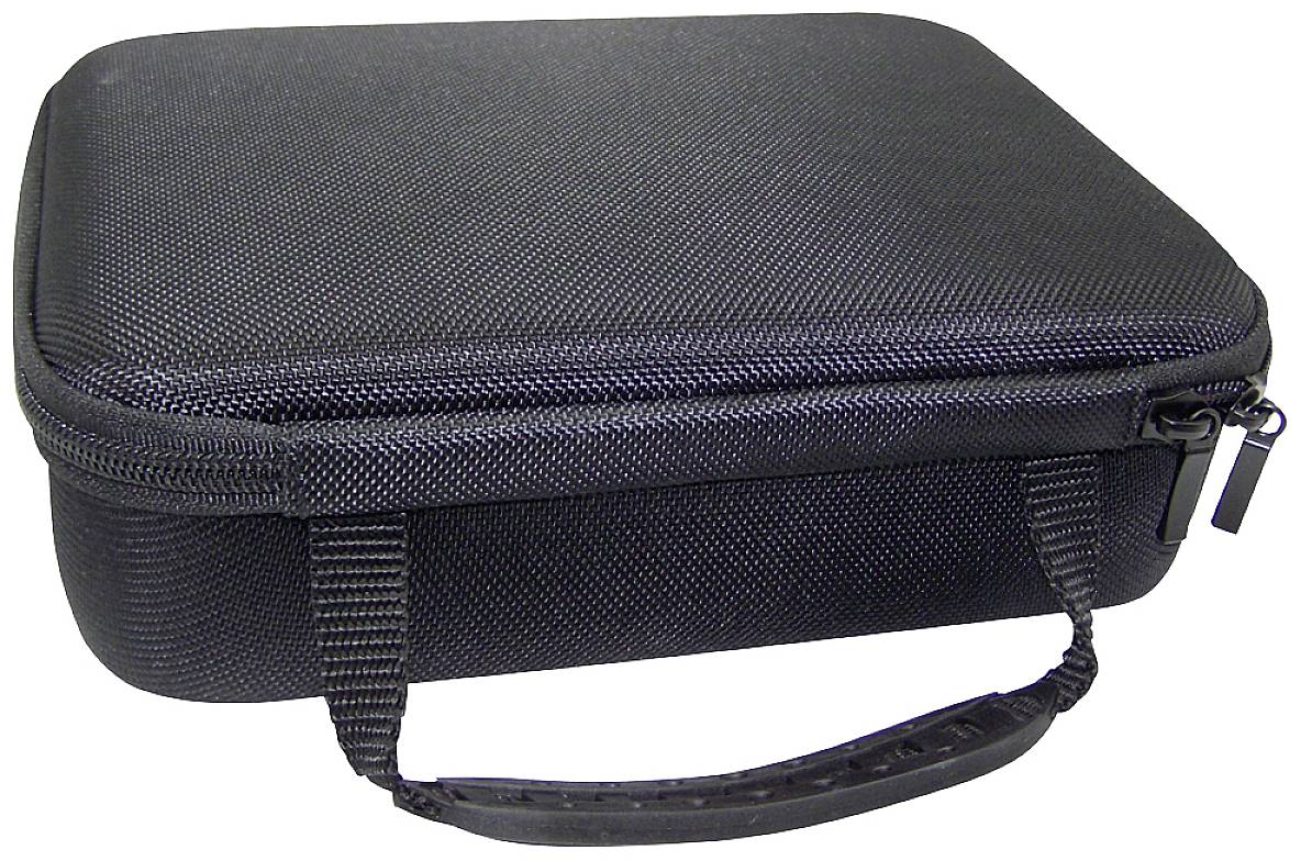 Schwarze, rechteckige Tasche mit Reißverschluss und Tragegriff, vermutlich für den Transport oder die Aufbewahrung von Gegenständen.