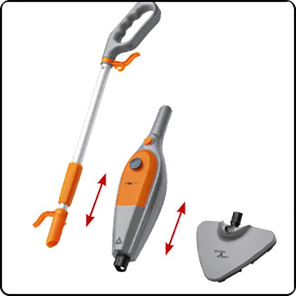 Ein Dampfreiniger bestehend aus einem Griff, einem Mittelteil mit orangem Knopf und einem dreieckigen Aufsatz zum Reinigen von Böden.