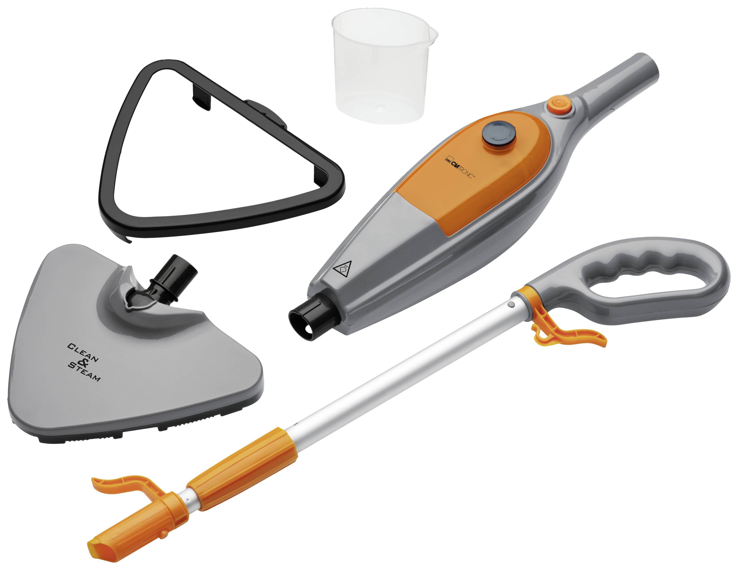 Ein Dampfreiniger mit abnehmbarem Wassertank, einem dreieckigen Mopkopf, einem Haltegriff und einem Messbecher für die Reinigung.