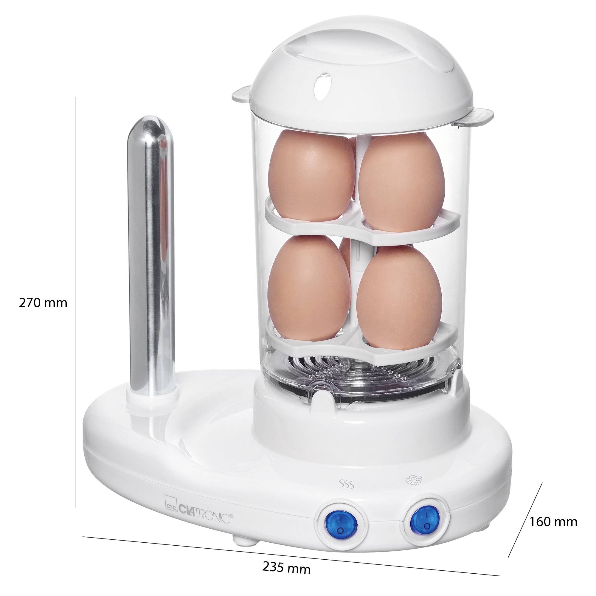 Weißer Eierkocher mit transparentem Behälter, enthält vier Eier. Maße: Höhe 270 mm, Breite 235 mm, Tiefe 160 mm.
