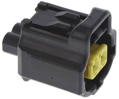 Ein schwarzer Automobilstecker mit gelbem Innenraum, der für Verdrahtungsverbindungen in Fahrzeugen verwendet wird.