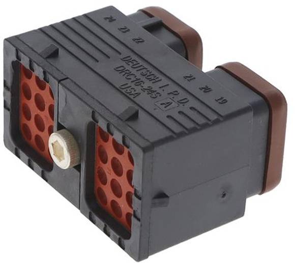 Ein rechteckiger Kunststoff-Elektrostecker mit sechs quadratischen roten Buchsen und einer zentralen Schraube, häufig in Automobilanwendungen verwendet.