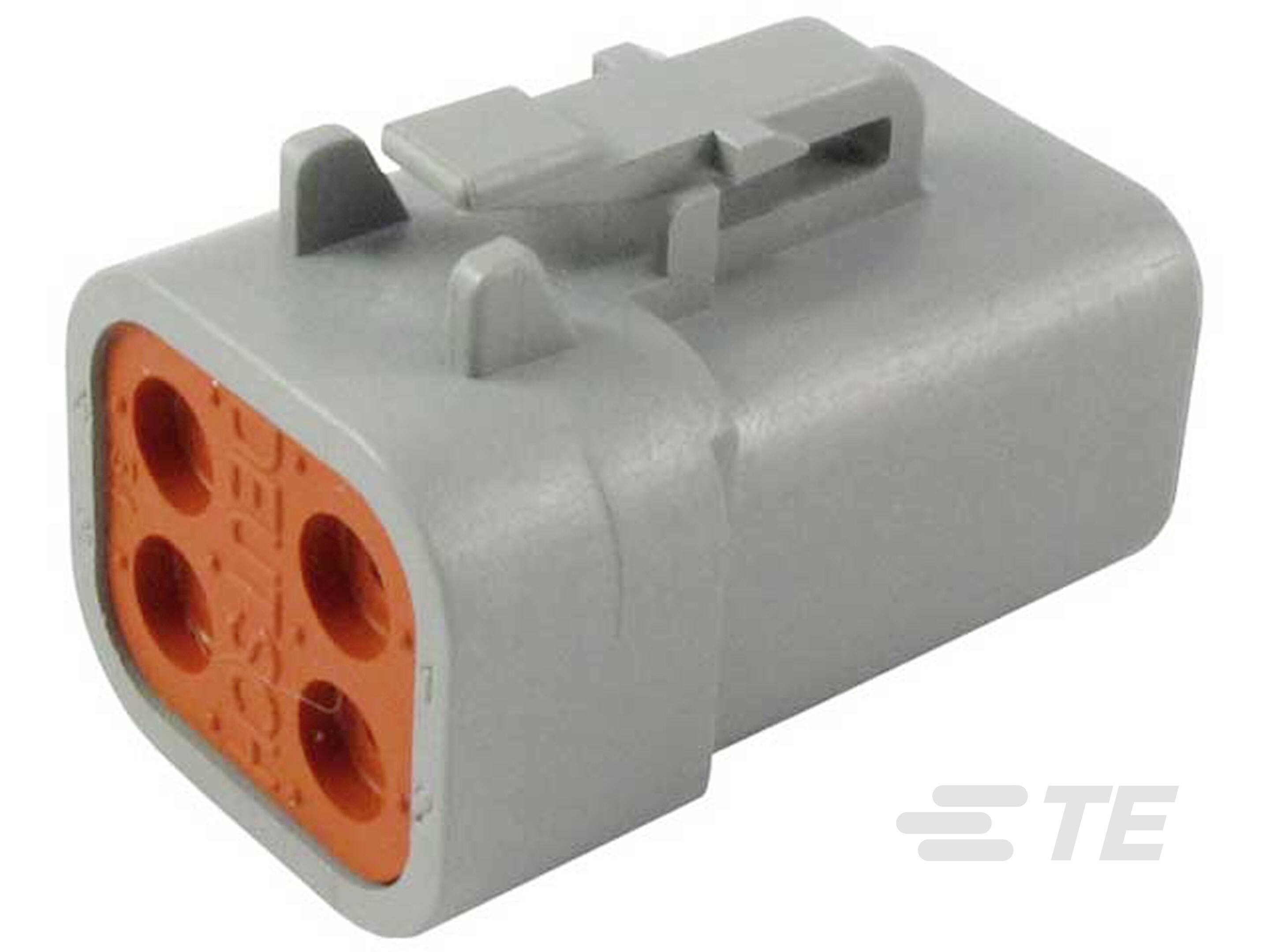 Grauer elektrischer Steckverbinder mit orangefarbener Vorderseite und vier runden Steckplätzen, Logo der Firma rechts unten.