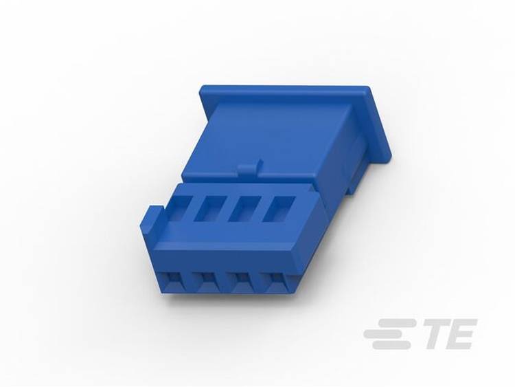 Ein blauer rechteckiger Elektrostecker mit sechs Schlitzen, mit einem TE-Logo in der unteren rechten Ecke auf weißem Hintergrund.