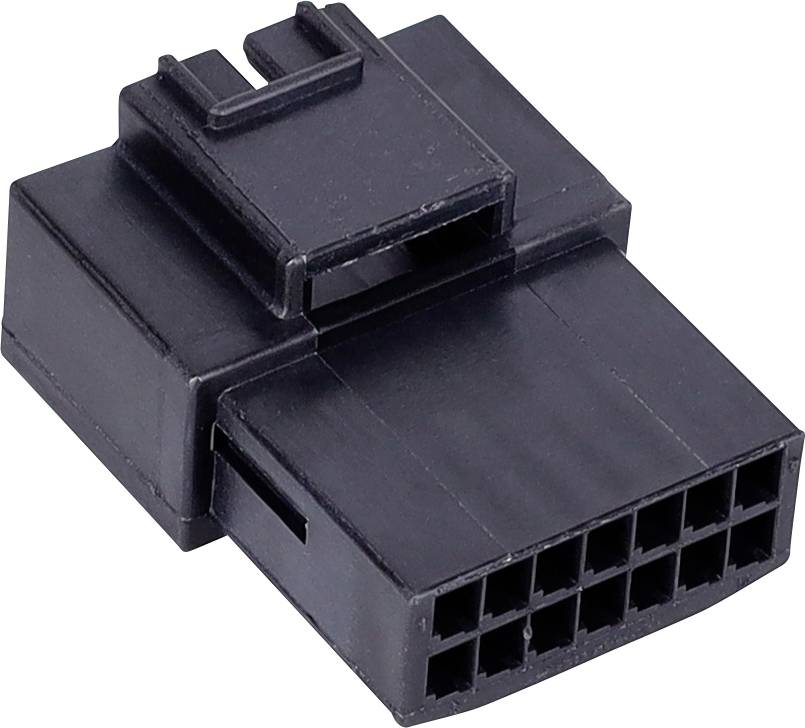 Ein schwarzer rechteckiger elektrischer Stecker mit mehreren Anschlüssen, der zum Verbinden von Komponenten in elektronischen Geräten verwendet wird.