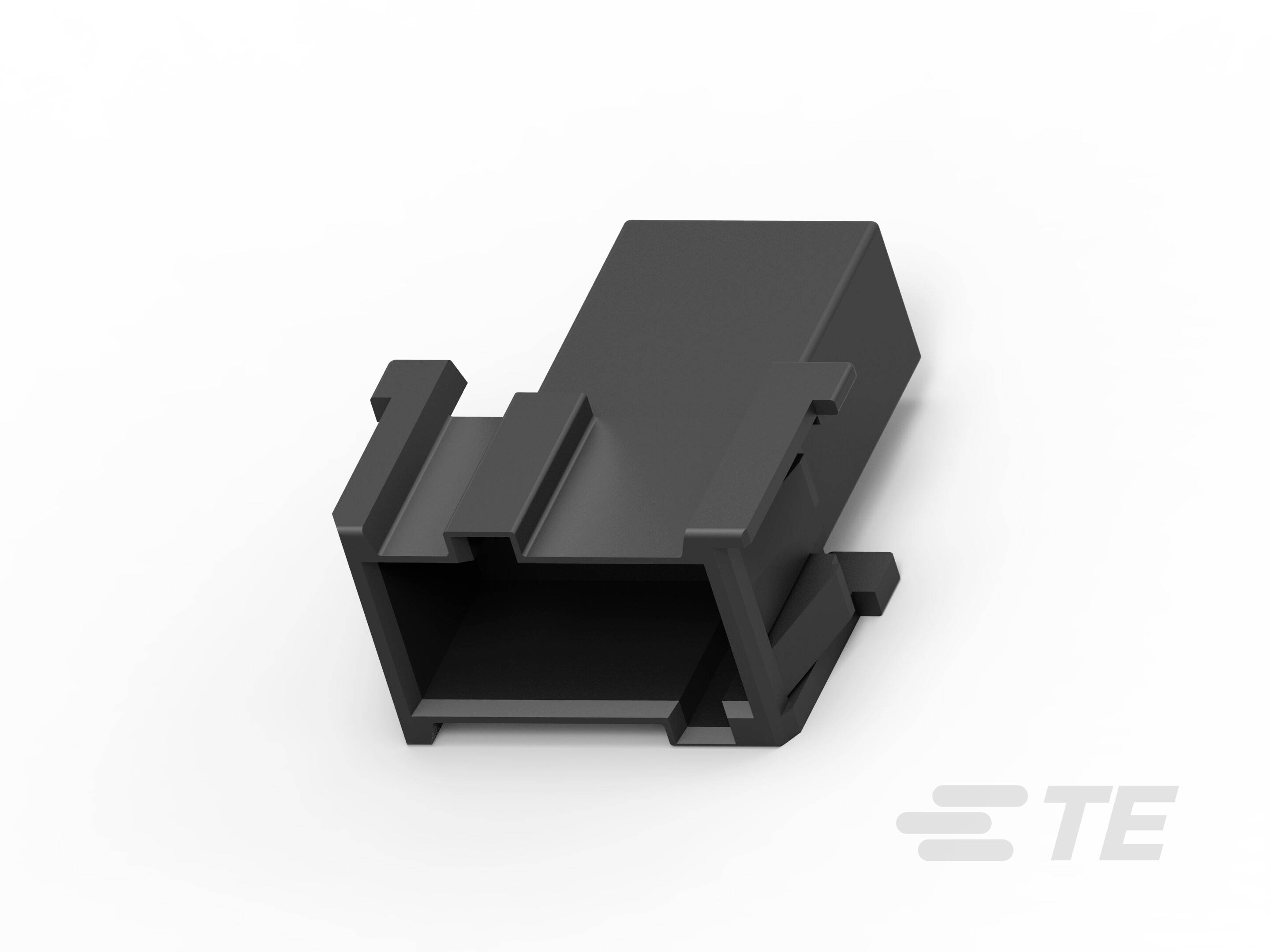 Schwarze Gehäusekomponente mit rechteckigem Hohlraum, eignet sich für elektrische Verbindungen. Markenlogo unten rechts.