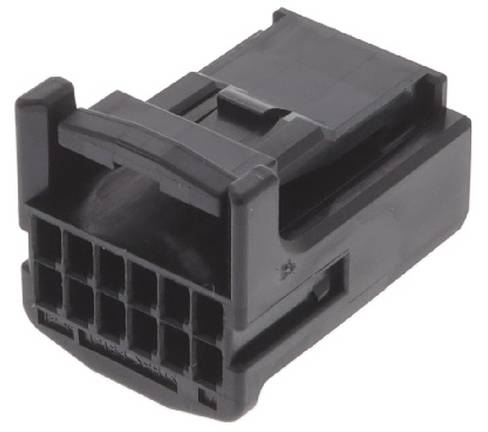 Ein schwarzer, rechteckiger Kunststoffstecker mit zwölf kleinen quadratischen Öffnungen, verwendet für elektronische oder Automobilverkabelungsanwendungen.