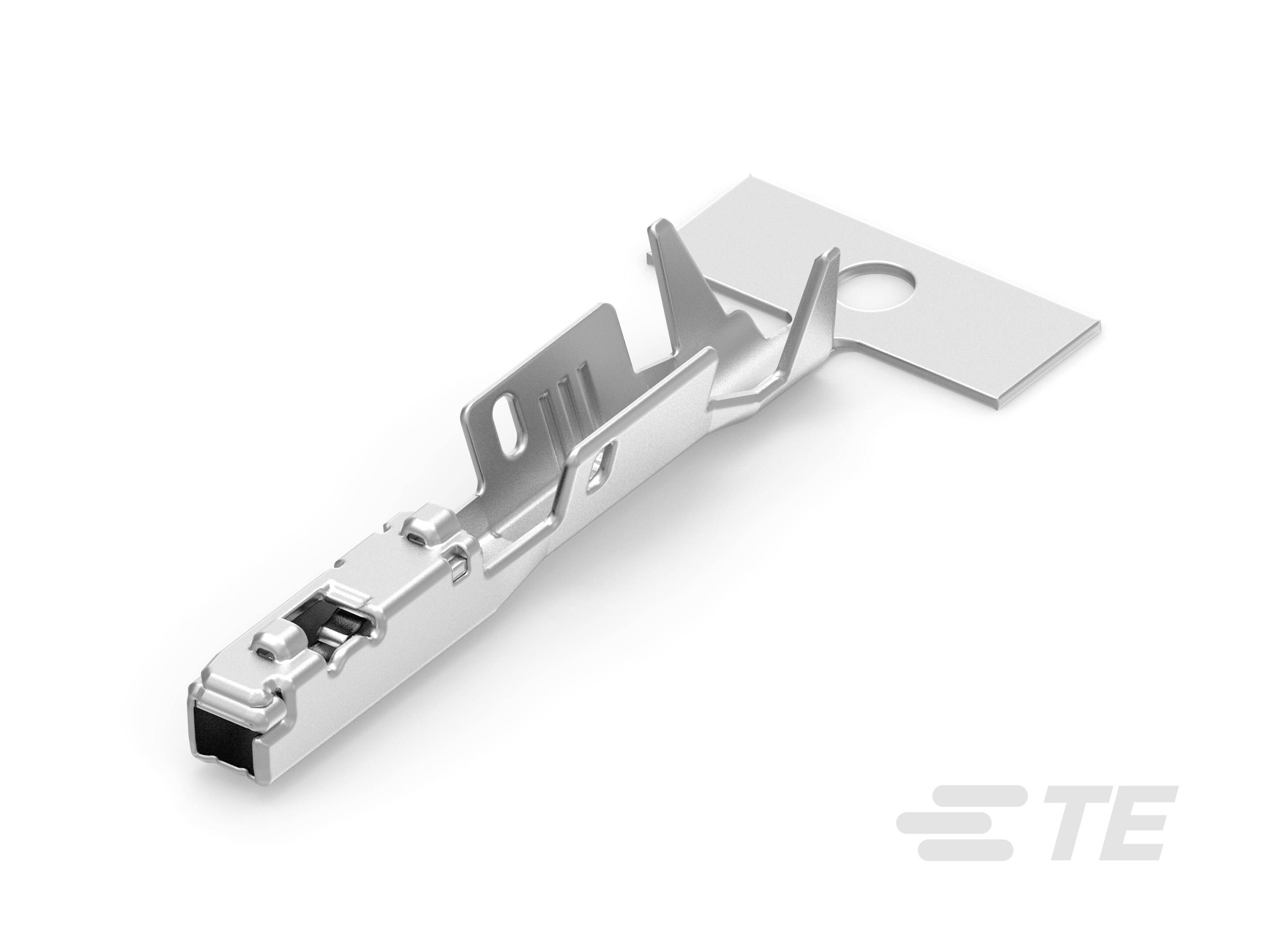 Ein Metall-Steckerterminal mit rechteckigem Kontakt und Halteclip, auf weißem Hintergrund, für elektrische Verbindungen verwendet.