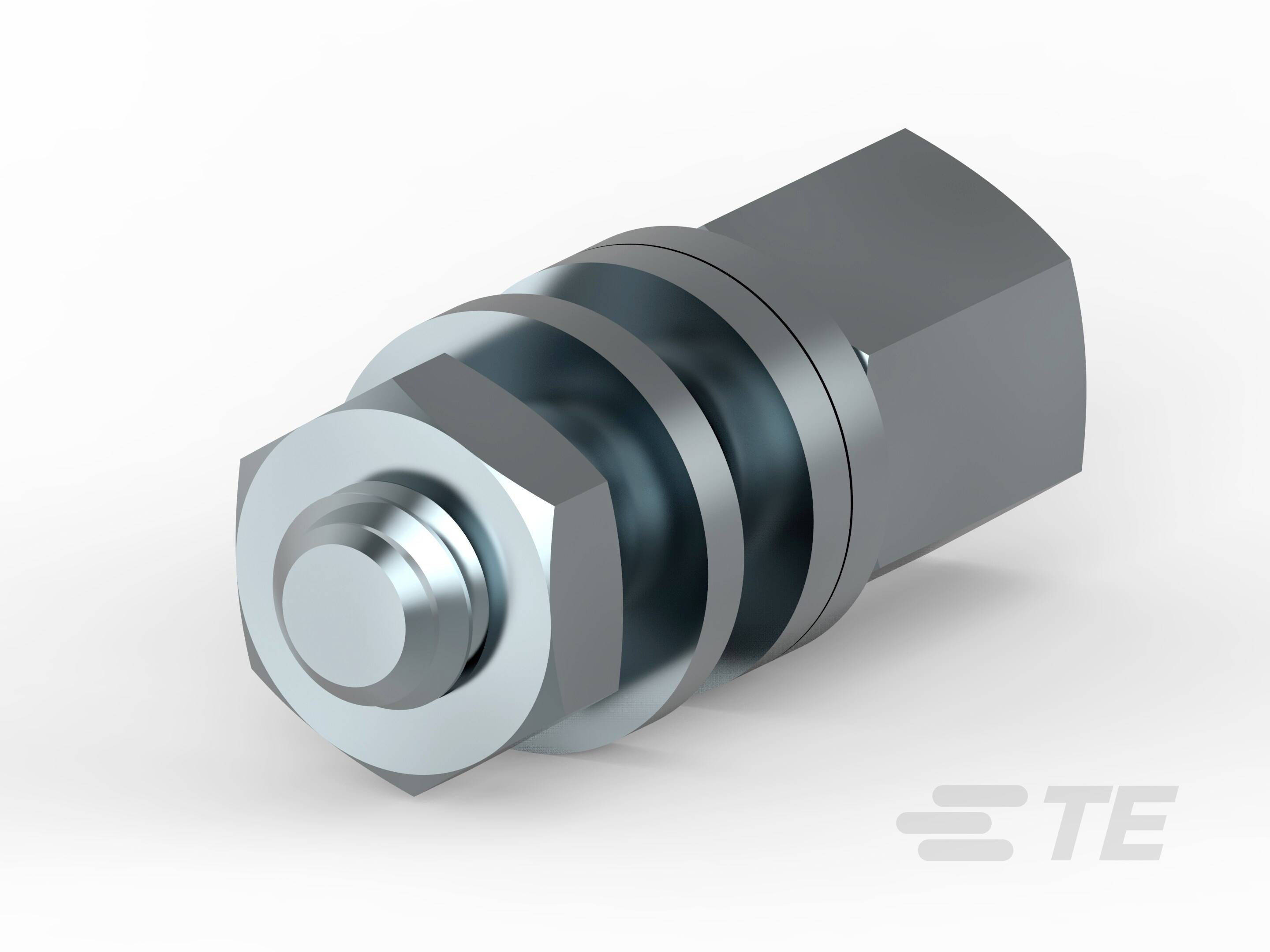 Ein sechskantiger Metallstecker mit zylindrischem Mittelteil und TE-Logo.
