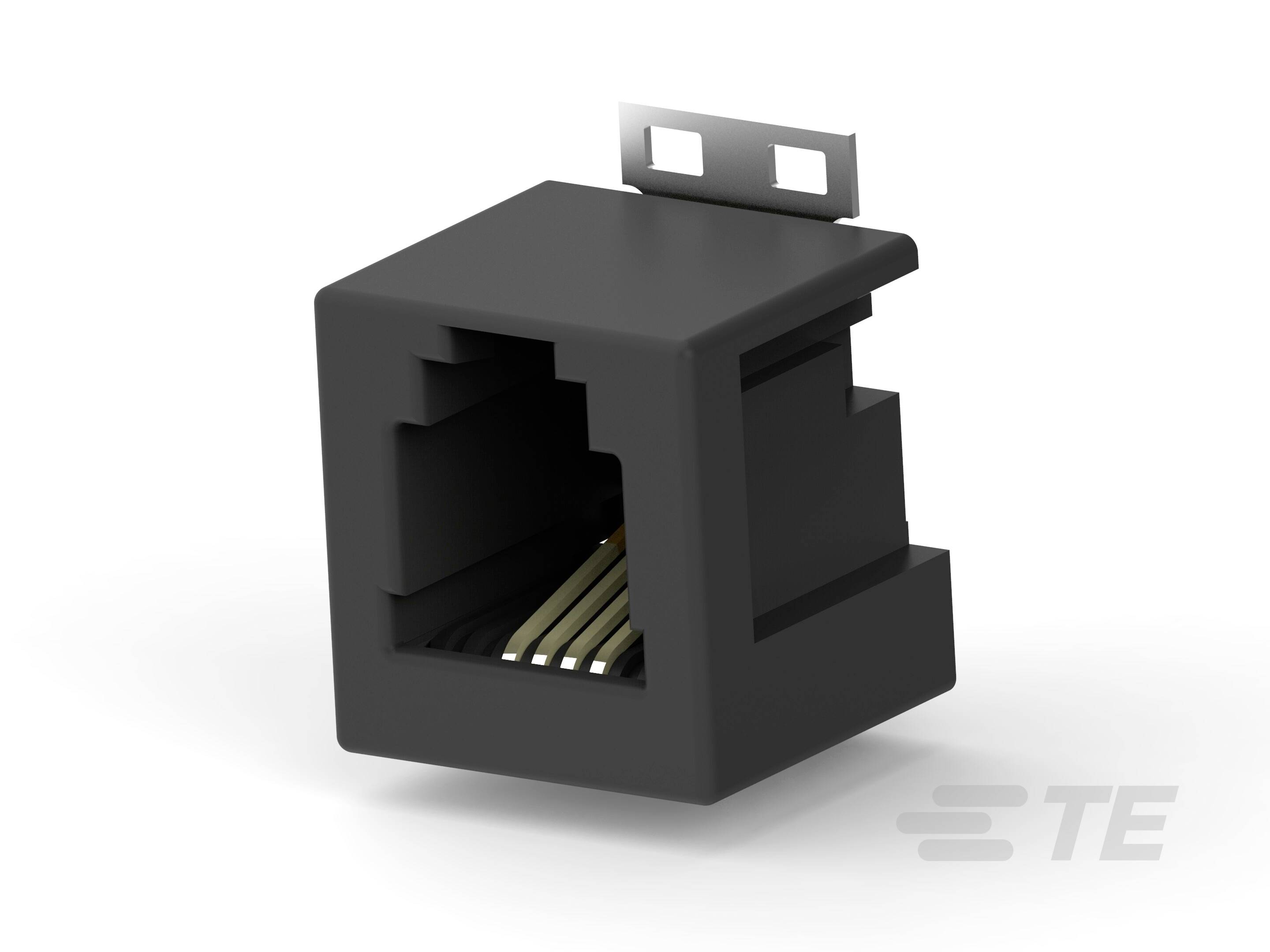 Schwarzer RJ45-Buchsenstecker mit acht Metallkontakten, in Kunststoffgehäuse, geeignet für Netzwerkinstallationen.
