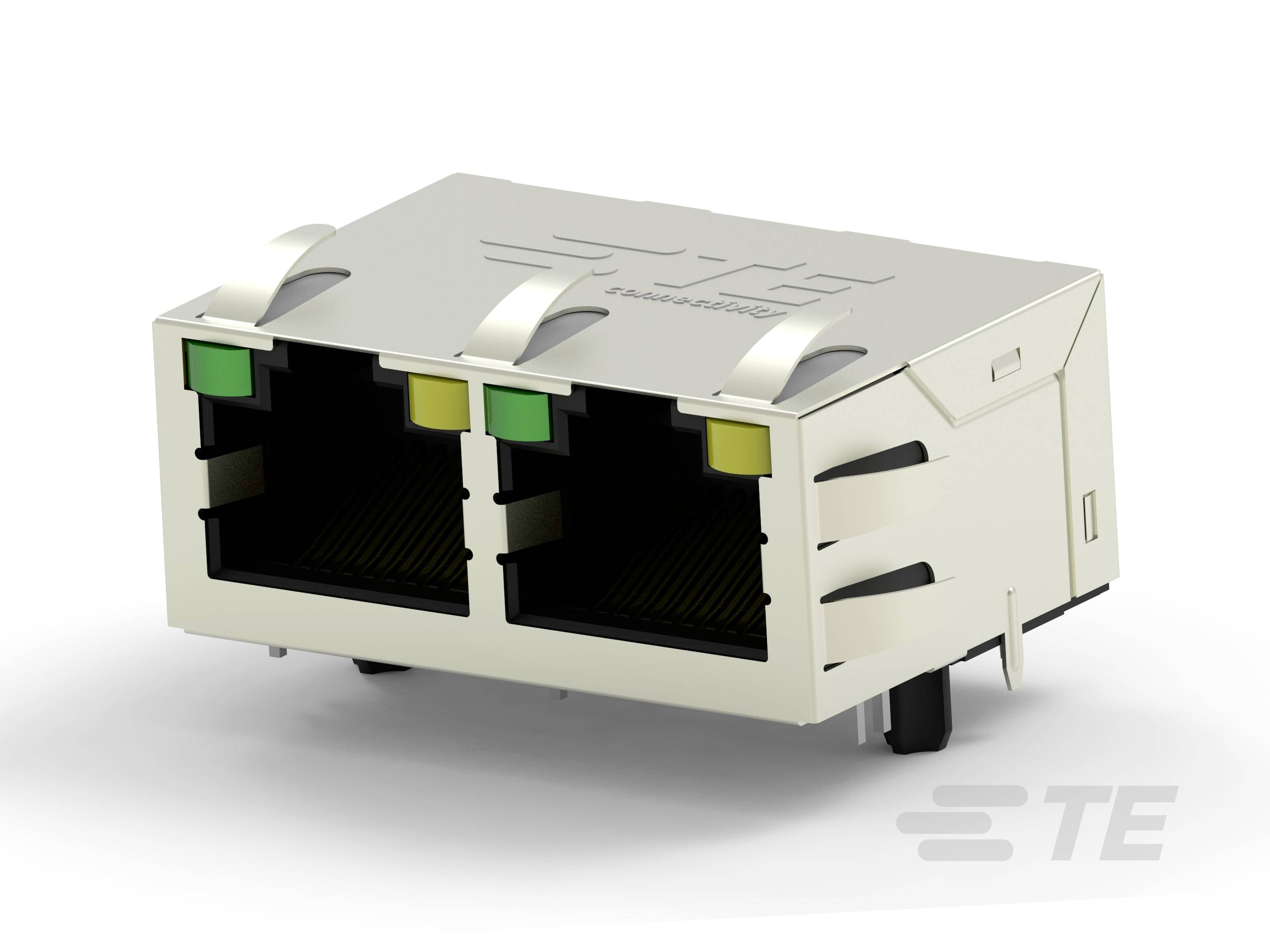 Doppelter Ethernet-Port, rechteckig, metallisch mit grünen und gelben Markierungen an den oberen Ecken.